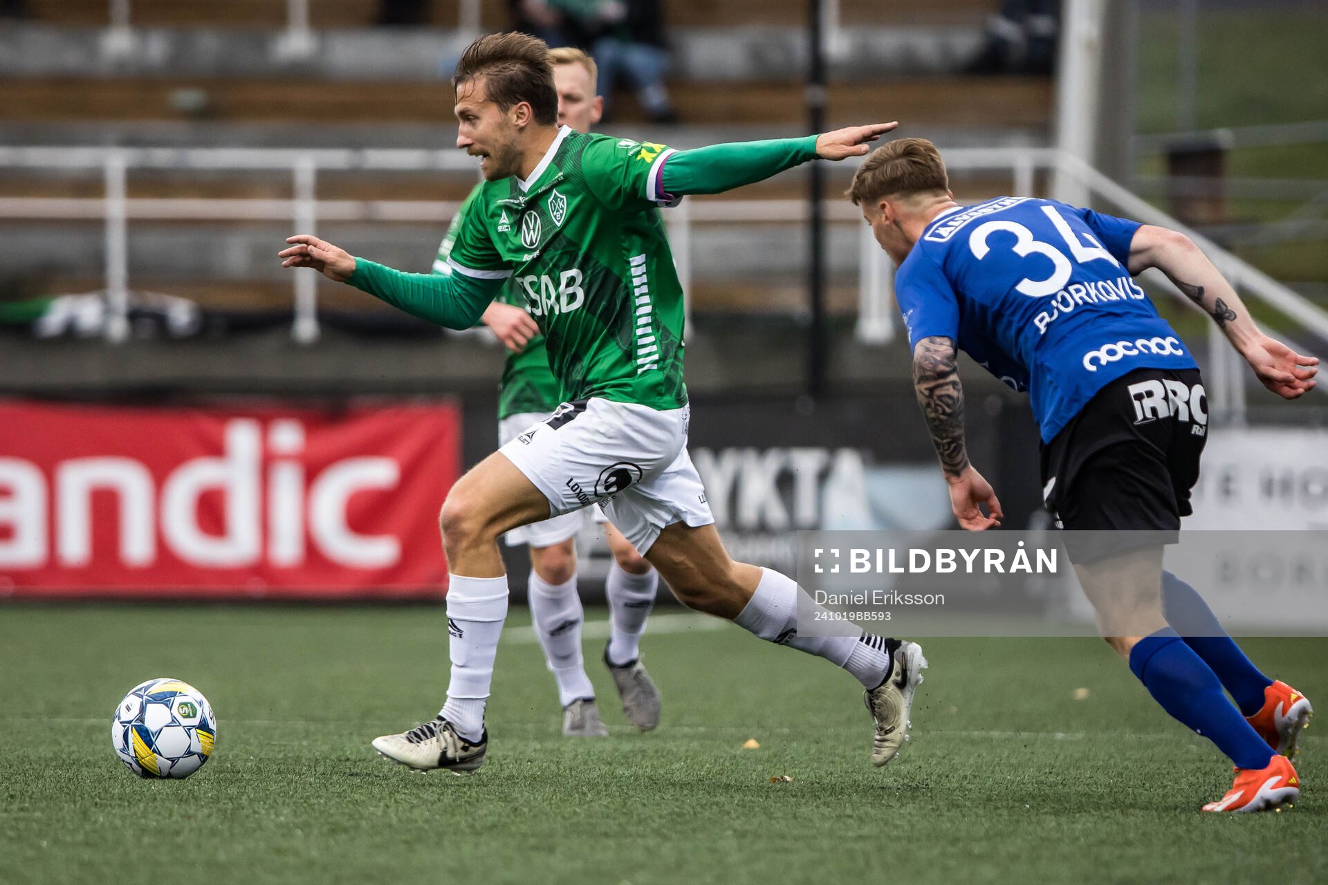 Brages Jacob Stensson under fotbollsmatchen i Superettan mellan Brage och Trelleborg den 19 oktober 2024 i Borlänge. 