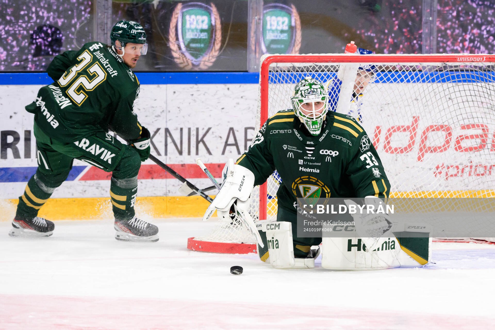 Färjestads Magnus Nygren och målvakt Maxime Lagacé