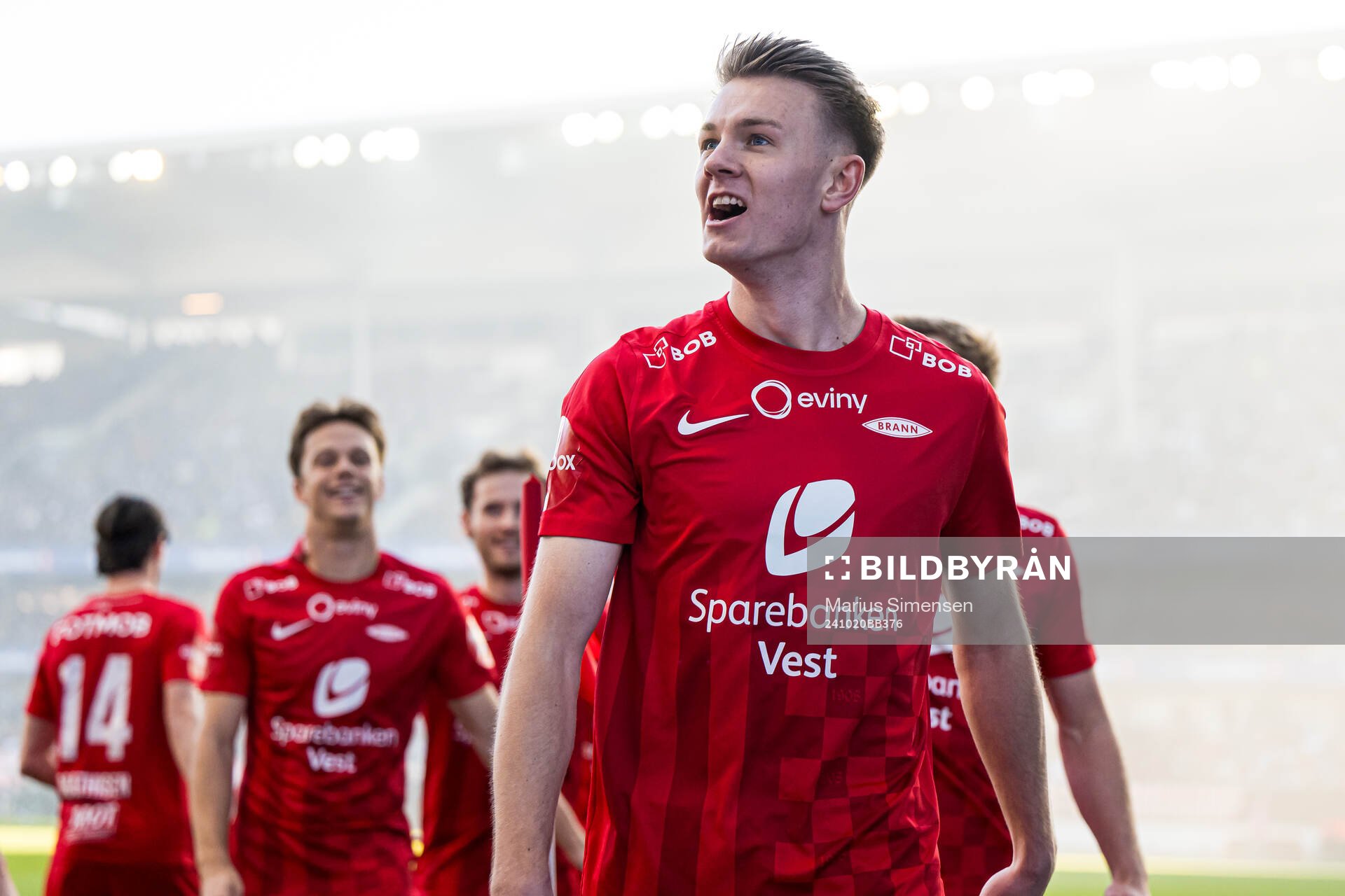 Emil Kornvig of Brann celebrates after scoring the 0-1 goal during the Eliteserien match between Rosenborg and Brann on October 20, 2024 in Trondheim.