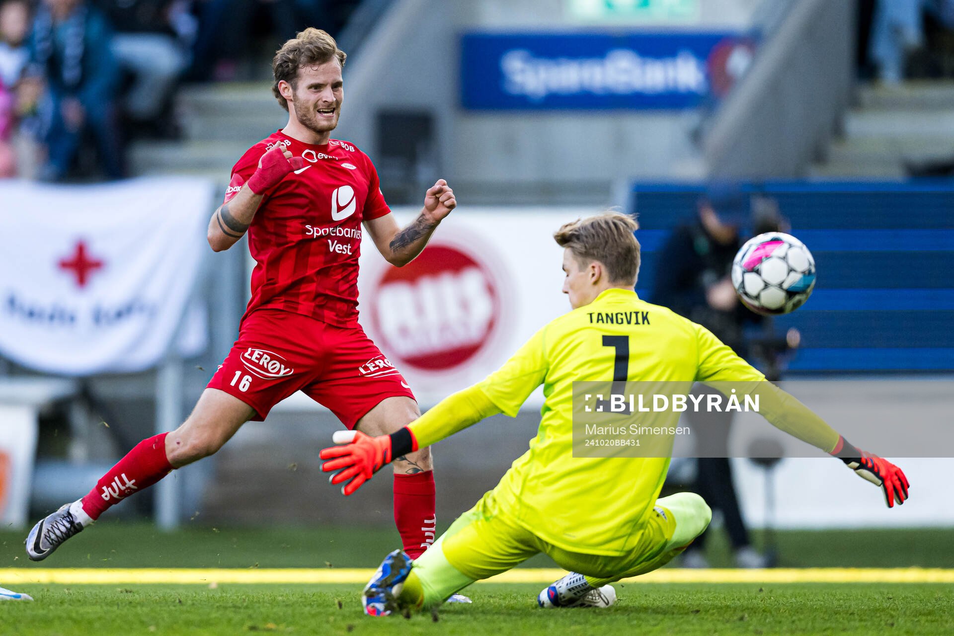 Ole Didrik Blomberg of Brann missing a chance to score during the Eliteserien match between Rosenborg and Brann on October 20, 2024 in Trondheim.