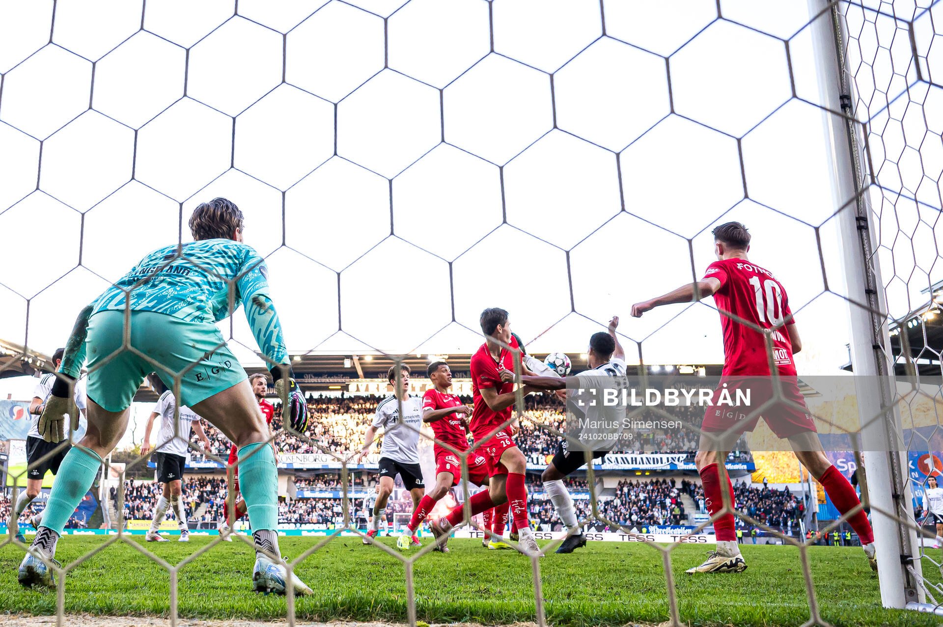 Eivind Helland of Brann and Mikkel Konradsen Ceide of Rosenborg during the Eliteserien match between Rosenborg and Brann on October 20, 2024 in Trondheim.