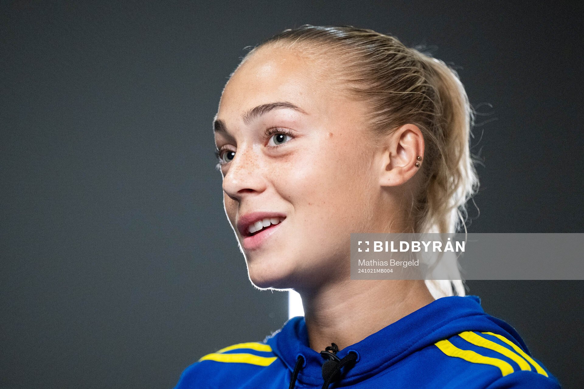 Hanna Bennison of the Swedish women's national football team is interviewed during a press event on October 21, 2024 in Luxembourg.