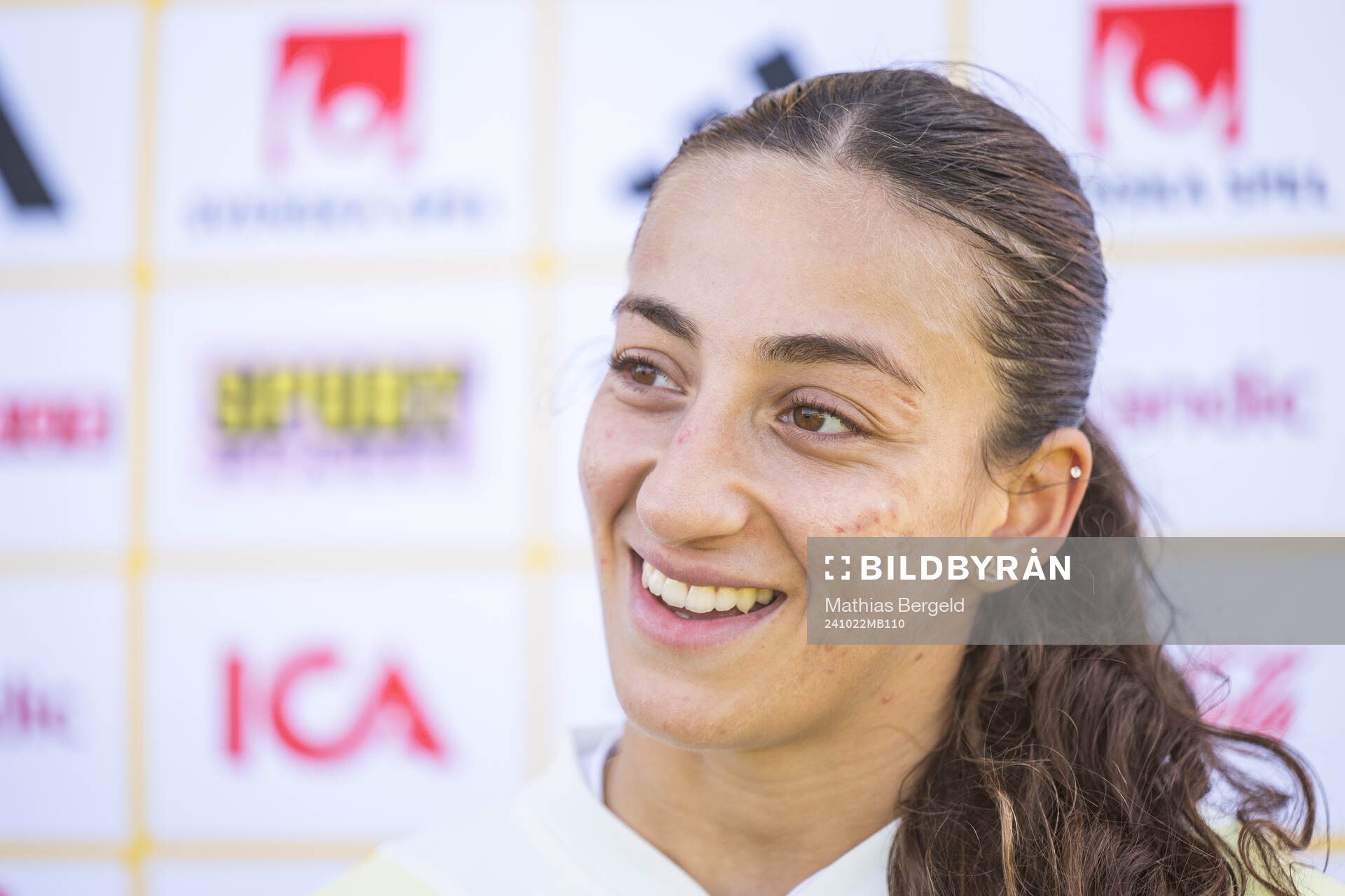 Rusul Rosa Kafaji of the Swedish women's national football team is interviewed after a training session on October 22, 2024 in Luxembourg.