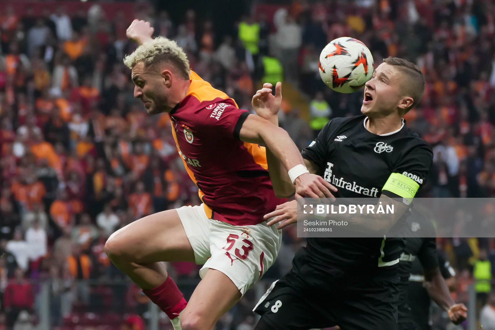 Baris Alper Yilmaz of Galatasaray and Sebastian Holmen of Elfsborg during the UEFA Europa League football match between Galatasaray and Elfsborg on October 23, 2024 in Istanbul.