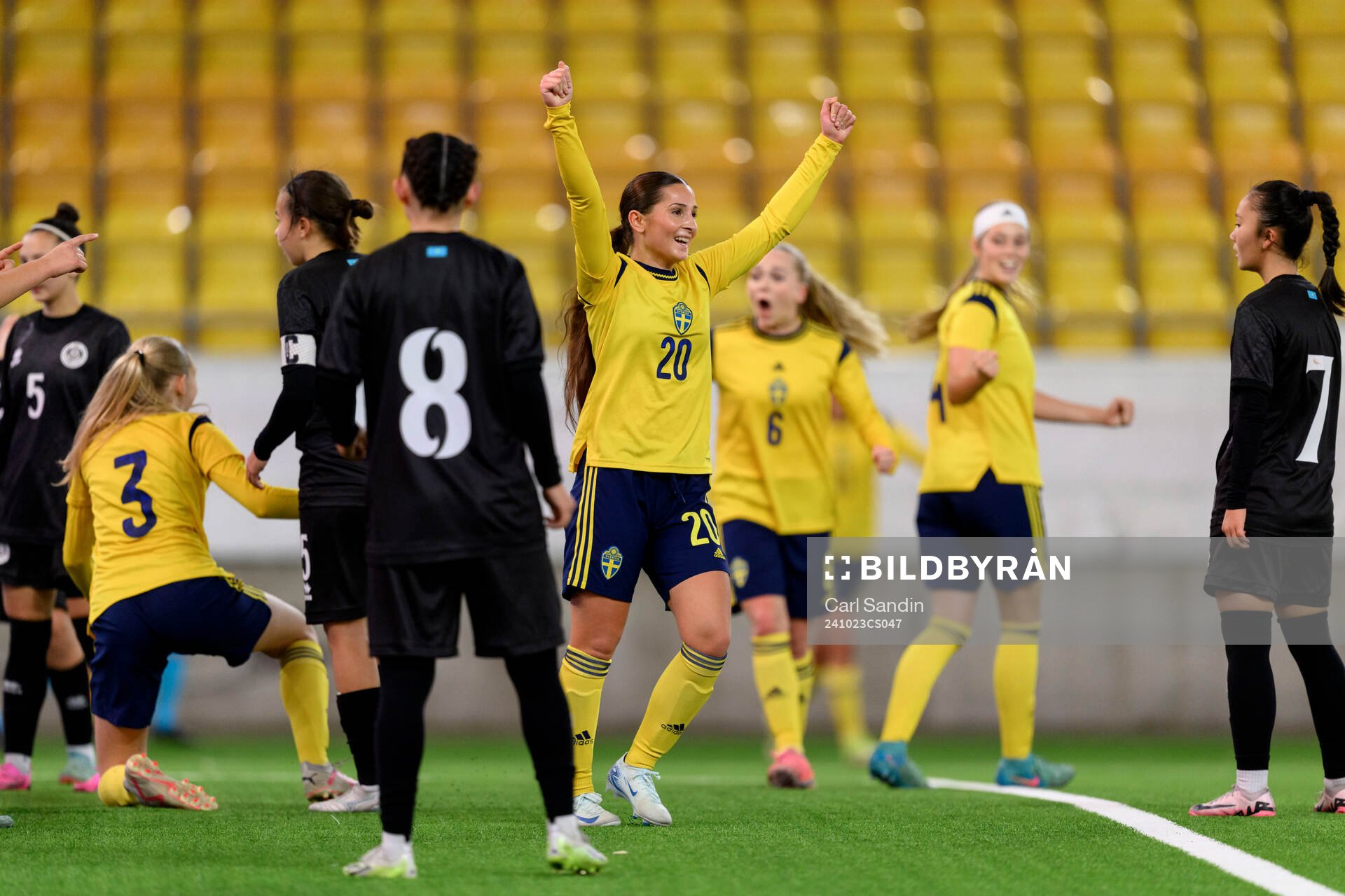 Filippa Sjöström of Sweden celebrate the 9-0 goal during the UEFA Women's Under-17 qualifiers between Sweden and Kazakhstan on October 23, 2024 in Borås.