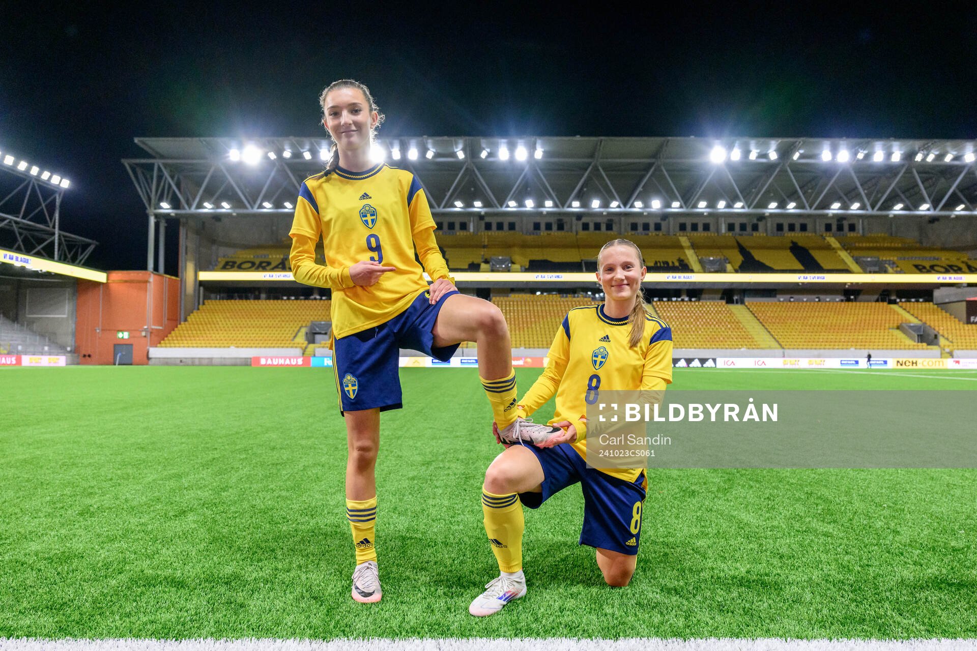 Rona Krasniqi and Fanny Peterson of Sweden celebrate after the UEFA Women's Under-17 qualifiers between Sweden and Kazakhstan on October 23, 2024 in Borås. 