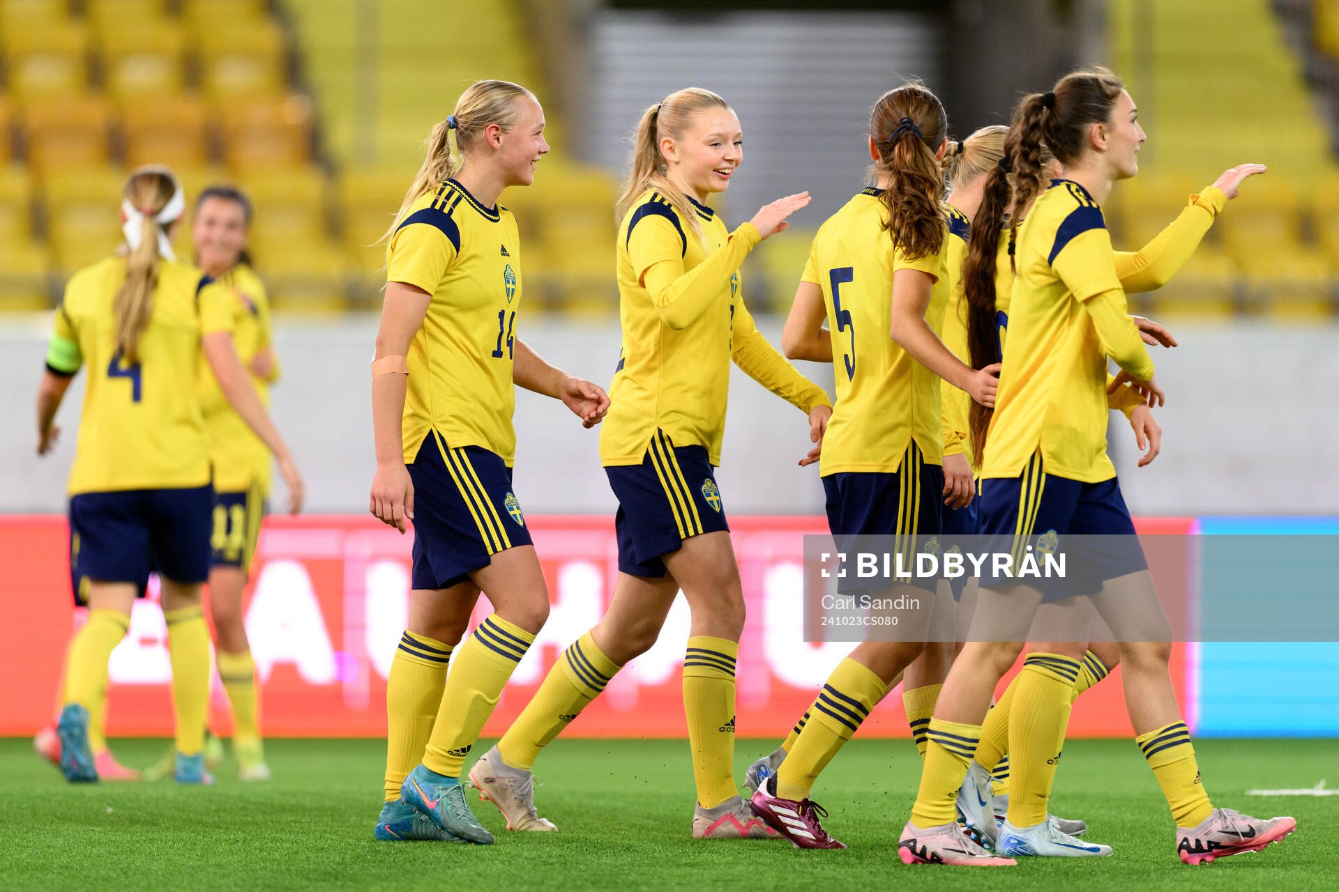 Filippa Andersson Widén and Anna Svanberg of Sweden celebrate during the UEFA Women's Under-17 qualifiers between Sweden and Kazakhstan on October 23, 2024 in Borås.