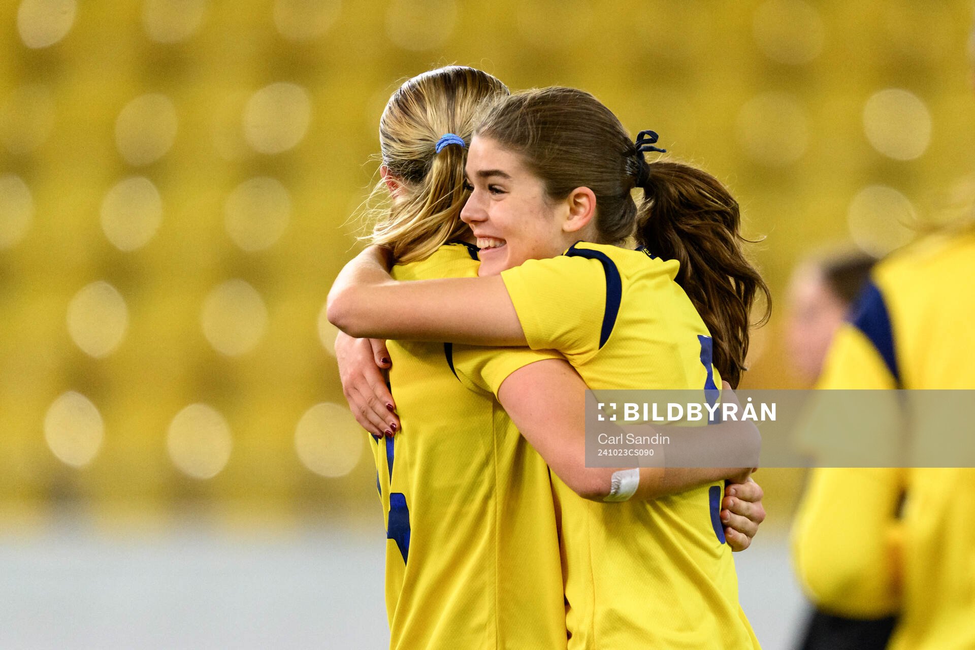 Filippa Andersson Widén and Lilly Hamstein of Sweden celebrate after 12-0 during the UEFA Women's Under-17 qualifiers between Sweden and Kazakhstan on October 23, 2024 in Borås.