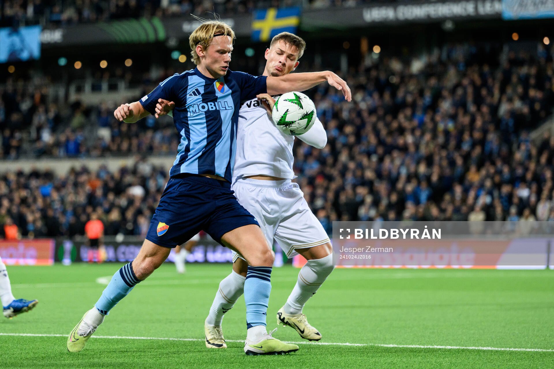 Tobias Gulliksen of Djurgården and Magalhaes Miguel of Vitória SC during the UEFA Conference League match between Djurgården and Vitoria SC on October 24, 2024 in Stockholm.