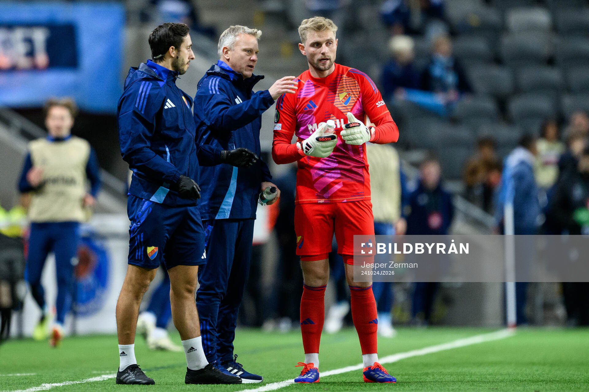 head coach Roberth Björknesjö and goalkeeper Jacob Rinne of Djurgården during the UEFA Conference League match between Djurgården and Vitoria SC on October 24, 2024 in Stockholm.
