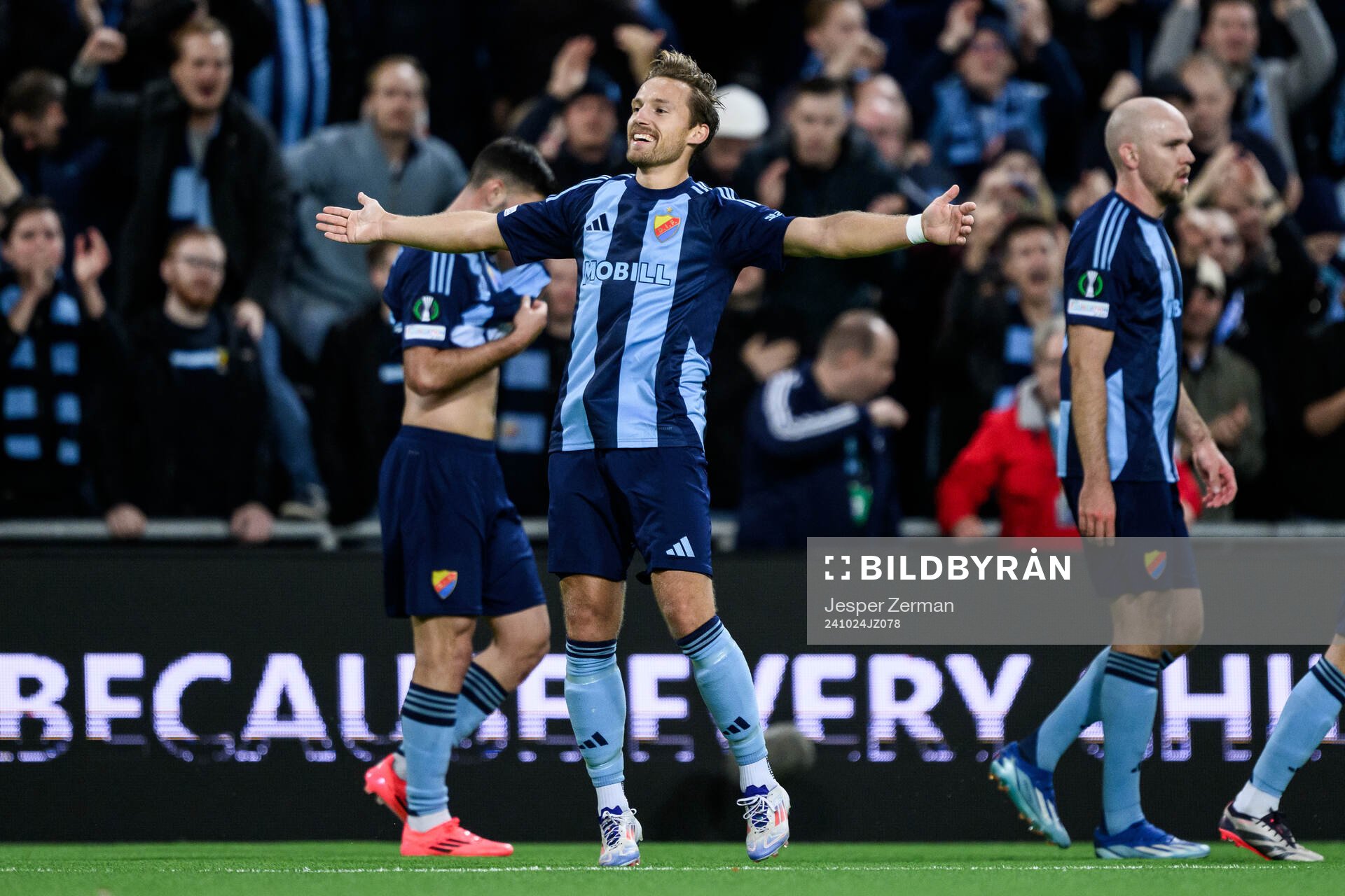 Daniel Stensson of Djurgården celebrates after scoring 1-1 during the UEFA Conference League match between Djurgården and Vitoria SC on October 24, 2024 in Stockholm. 