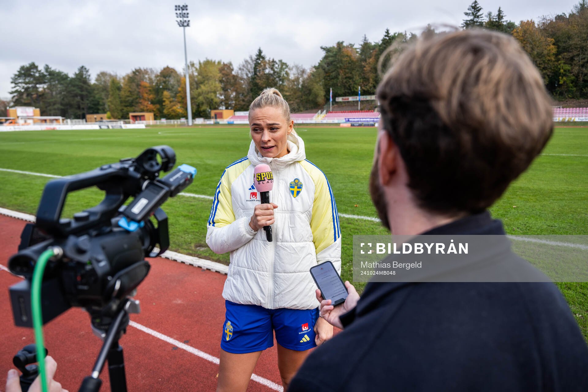 Fridolina Rolfö of the Swedish women's national football team is interviewed after a training session on October 24, 2024 in Esch-sur-Alzette.