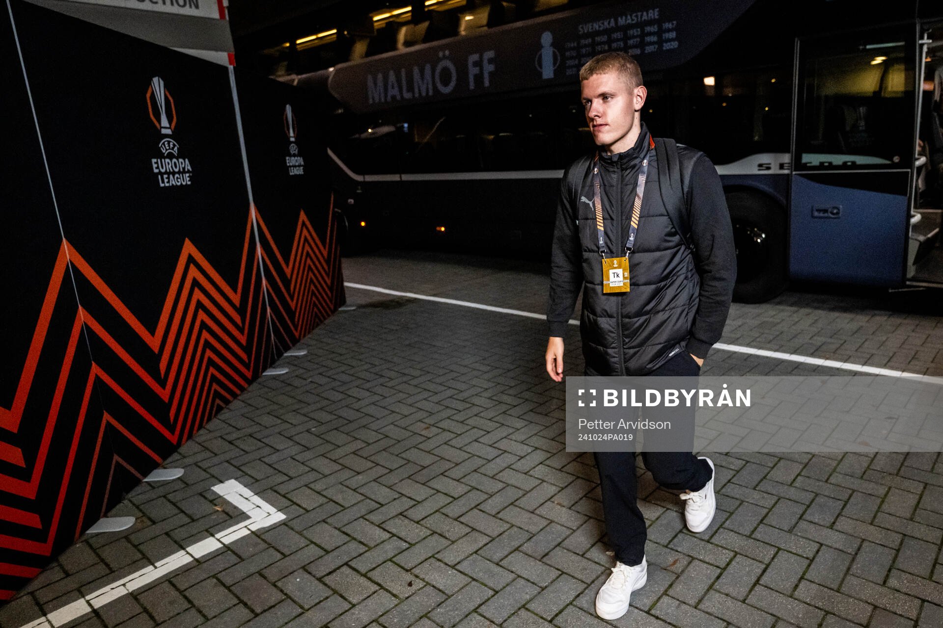 Sebastian Jörgensen of Malmö FF arrives to the stadium