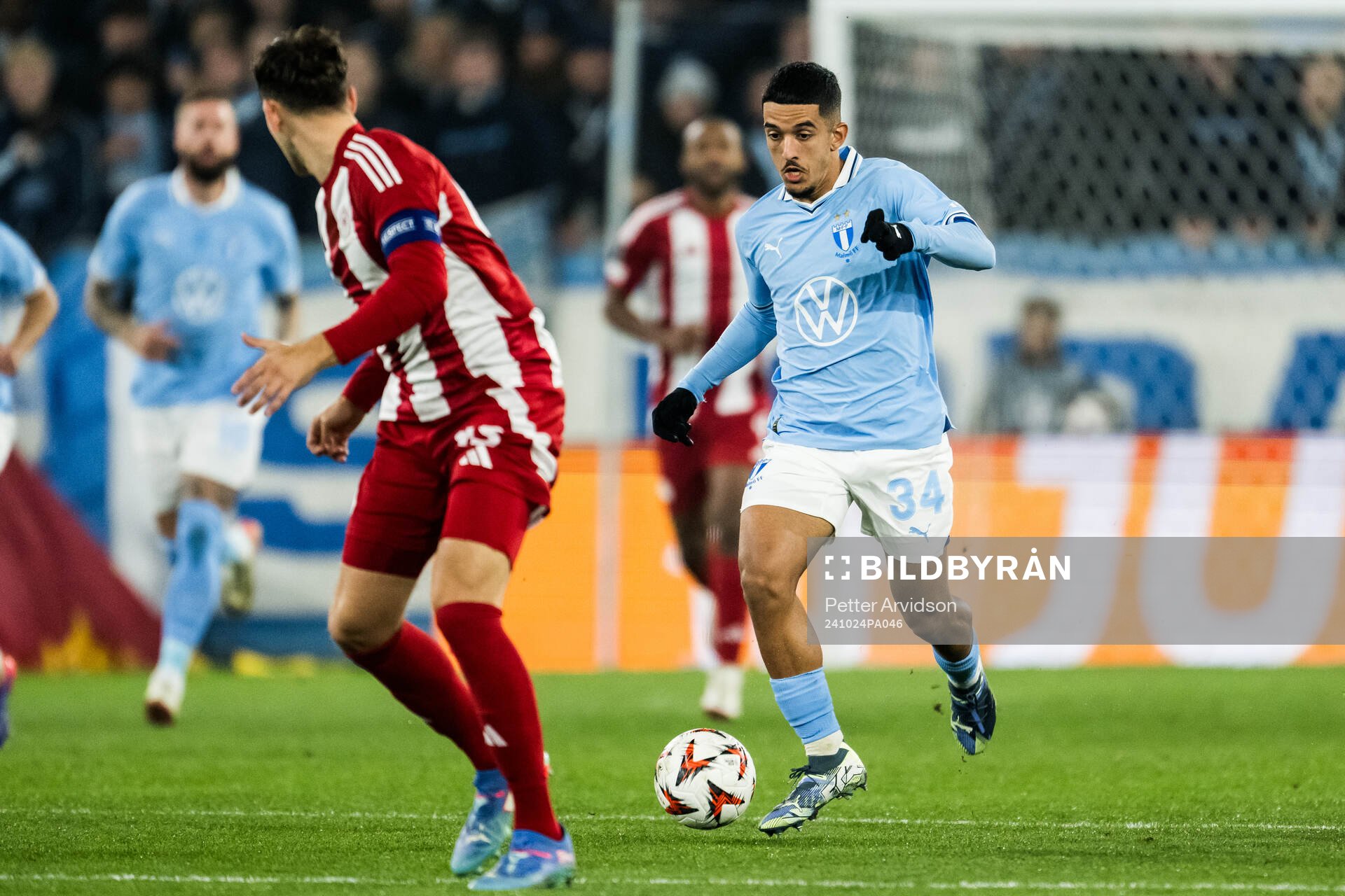Zakaria Loukili of Malmö FF celebrating during the UEFA Europa League football match between Malmö FF and Olympiacos on October 24, 2024 in Malmö.