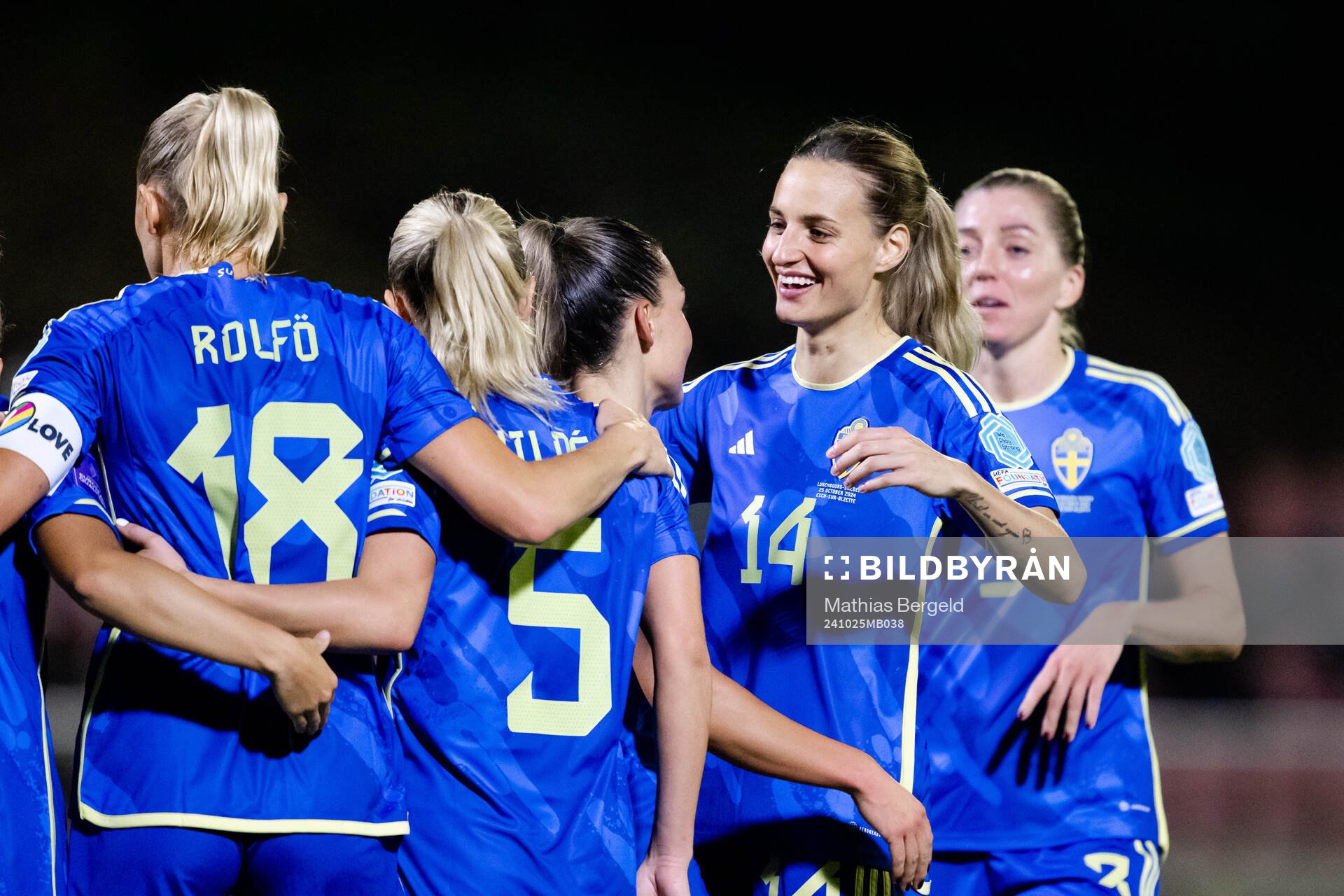 Johanna Rytting Kaneryd and Nathalie Björn of Sweden celebrate the 0-2 goal during the UEFA Women's Euro Qualifier first round play-off football match between Luxembourg and Sweden on October 25, 2024 in Esch-sur-Alzette. 
