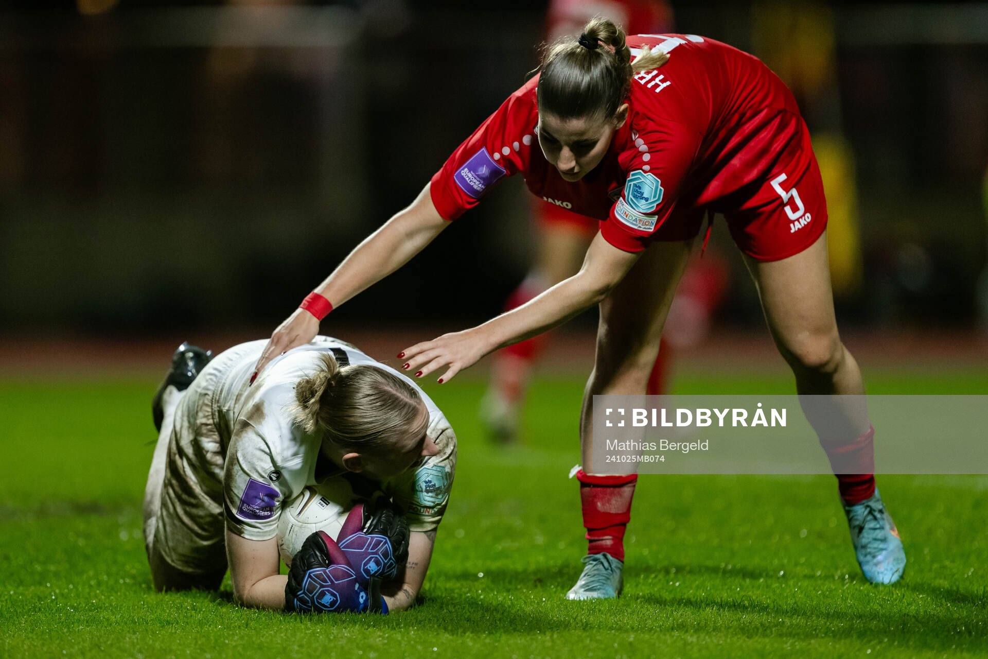 Goalkeeper Lucie Schlime and Emma Kramer of Luxembourg