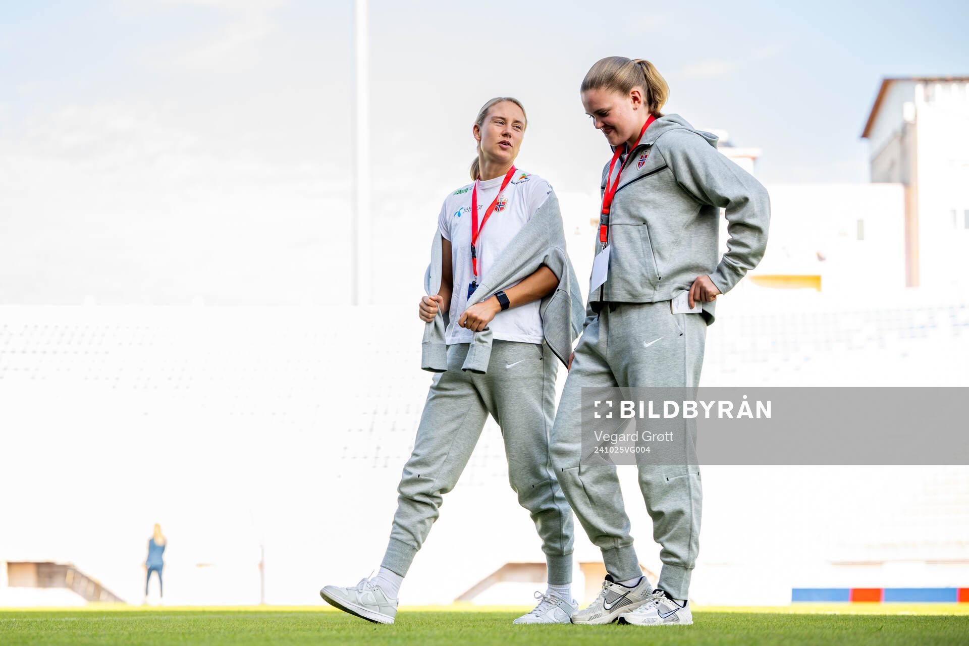 Lisa Naalsund and Signe Gaupset of Norway ahead of the UEFA Women's Euro Qualifier first round play-off football match between Albania and Norway on October 25, 2024 in Shkodër. 