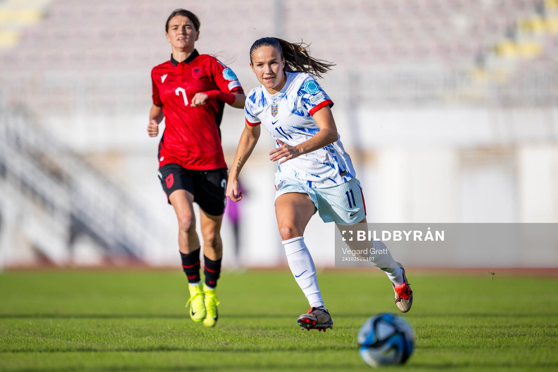 Guro Reiten of Norway during the UEFA Women's Euro Qualifier first round play-off football match between Albania and Norway on October 25, 2024 in Shkodër.