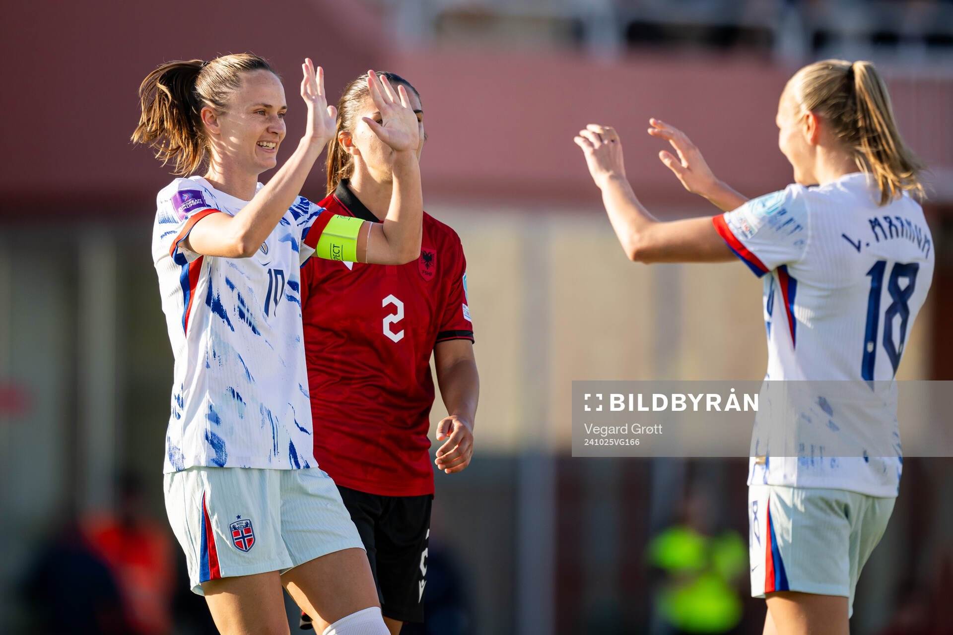 Frida Maanum of Norway celebrates with teammate Caroline