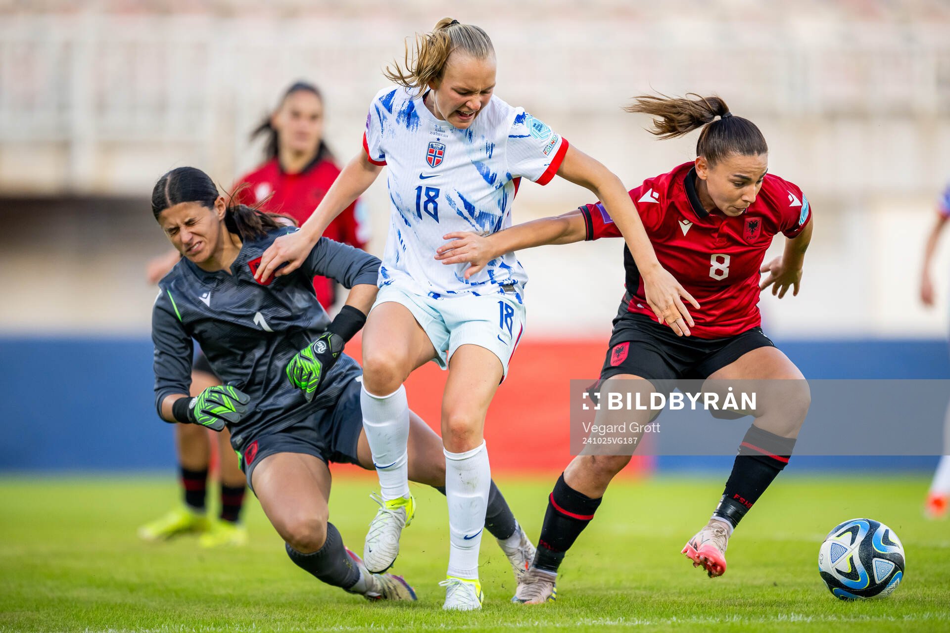Goalkeeper Viona Rexhepi of Albania, Frida Maanum of Norway