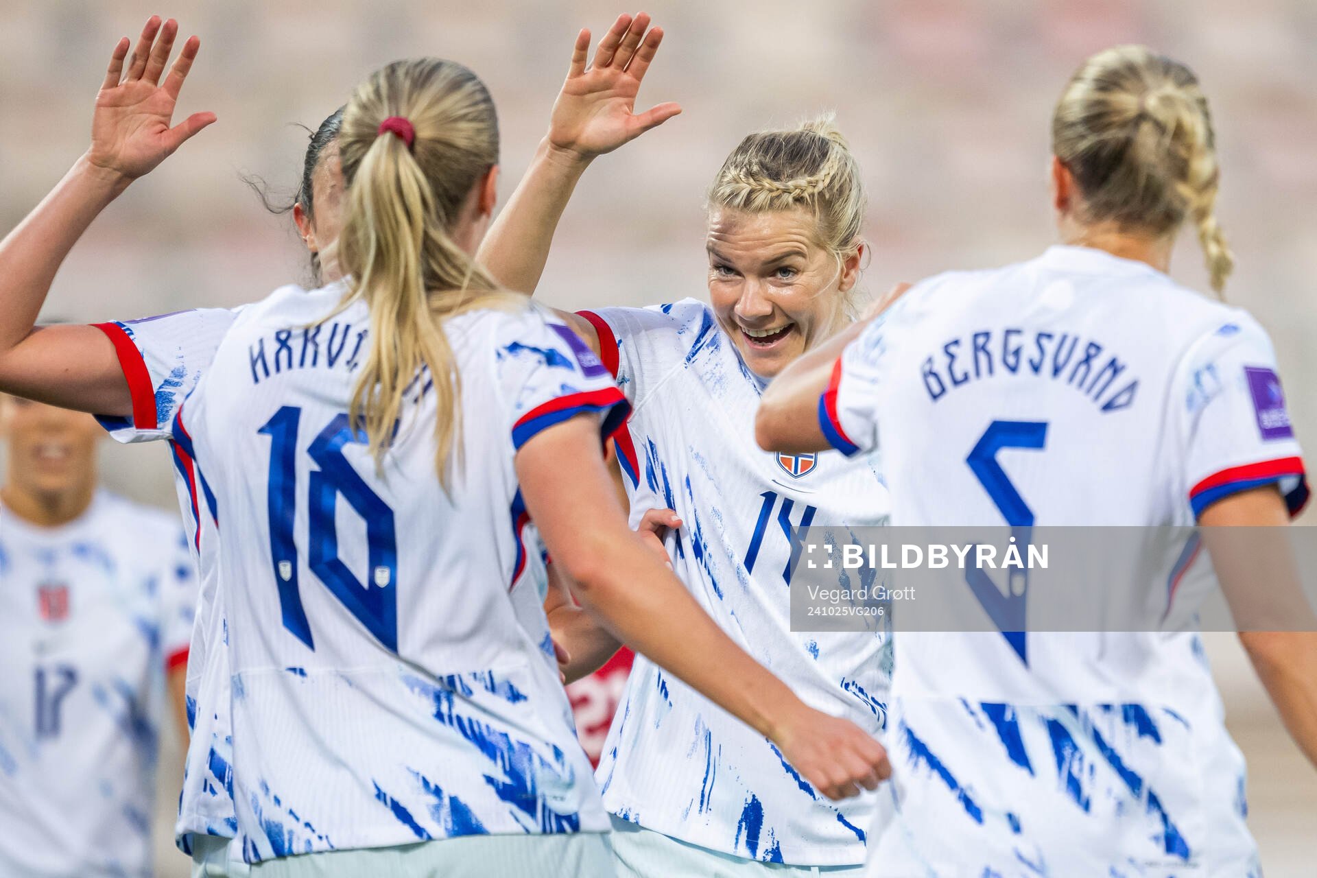 Mathilde Harviken of Norway celebrates with Ada Hegerberg