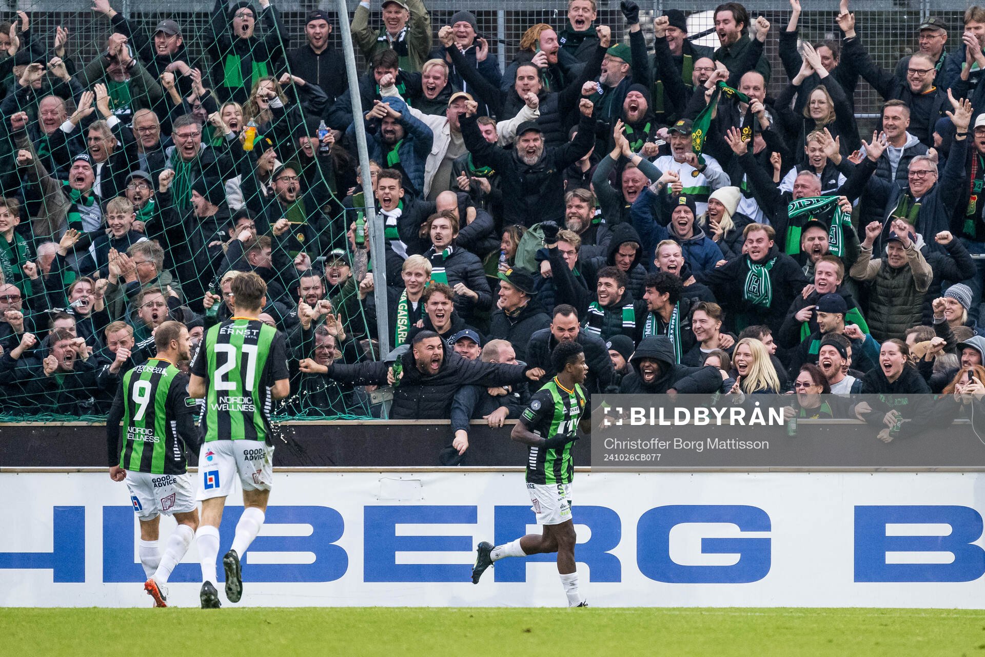 GAIS Chovanie Shakur Amatkarijo jublar efter 0-1 under fotbollsmatchen i Allsvenskan mellan Mjällby och GAIS den 26 oktober 2024 i Hällevik.