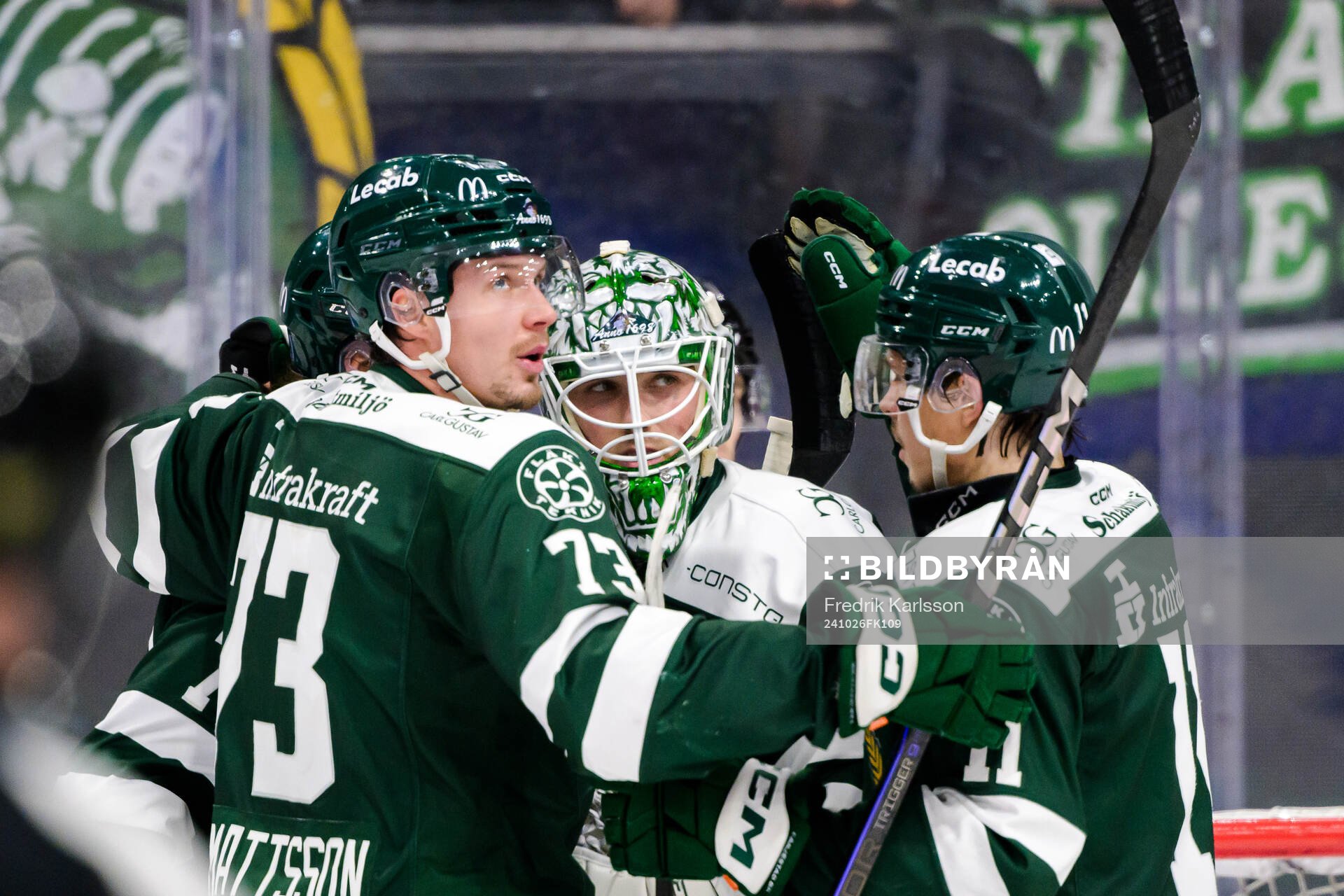 Färjestads Adam Ollas Mattsson och målvakt Maxime Lagacé