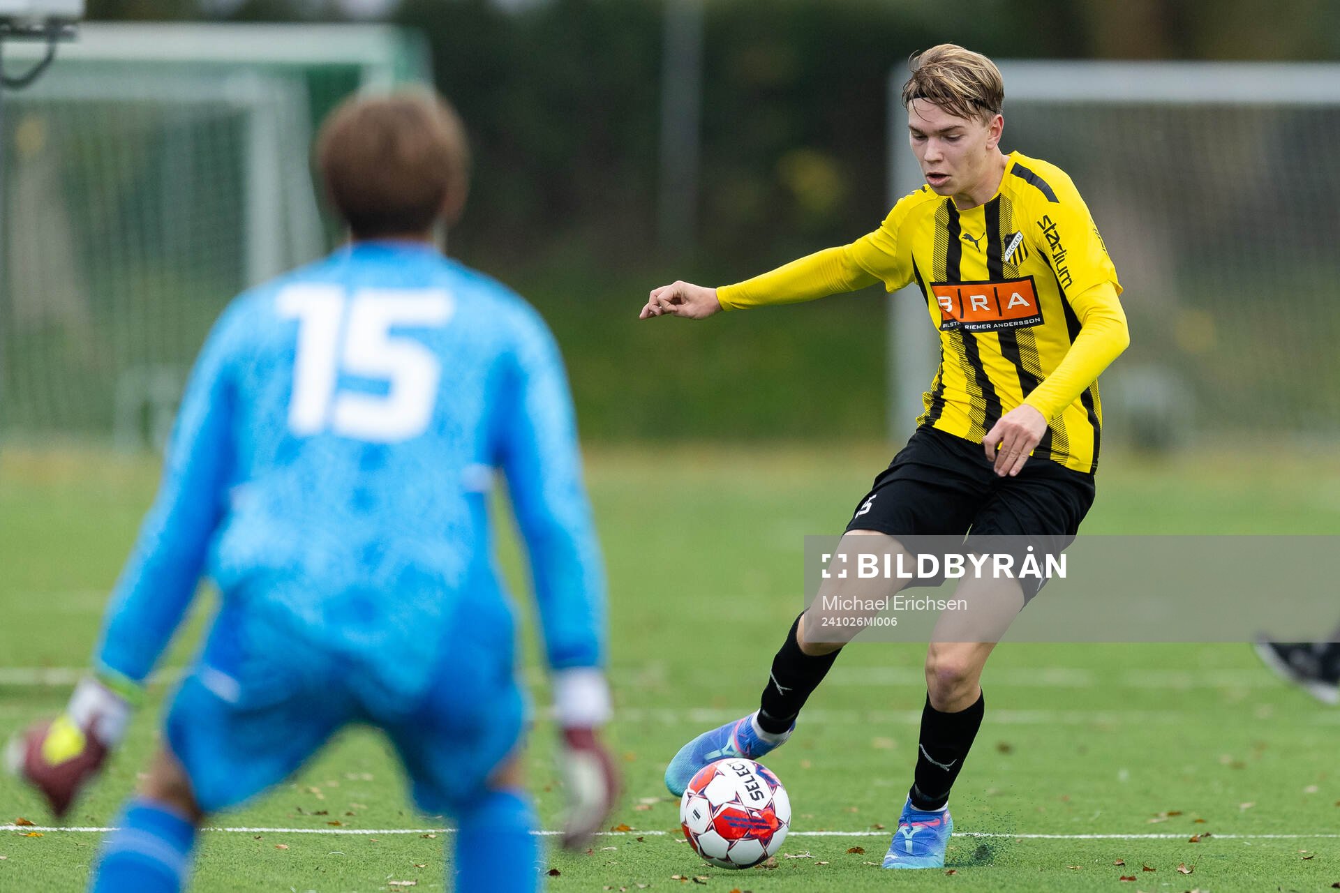 Häckens Elias Börjesson under fotbollsmatchen i P19 Allsvenskan mellan Häcken och Djurgården den 26 oktober 2024 i Göteborg. 
