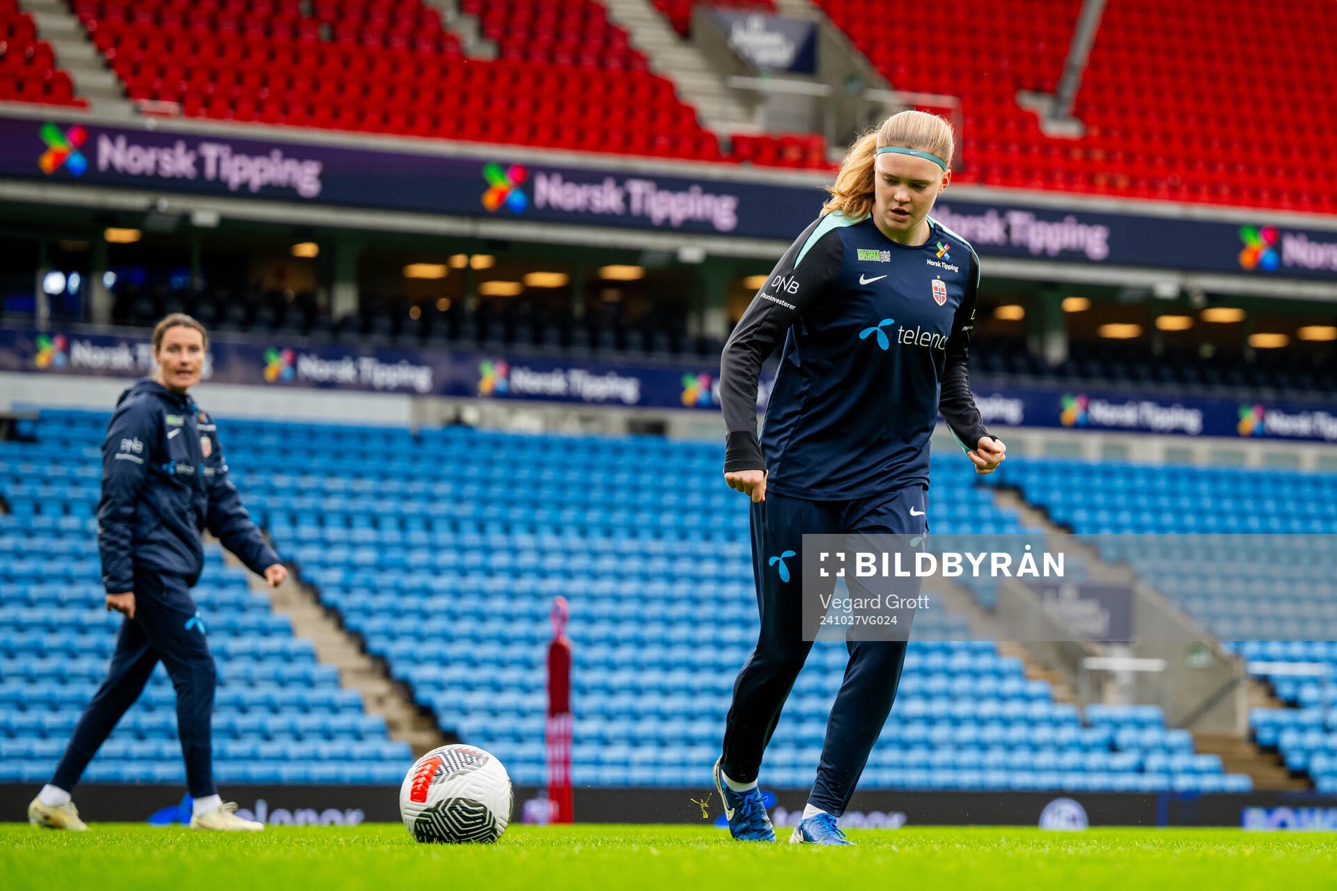 Signe Gaupset of the Norwegian women's national football team during a training session on October 27, 2024 in Oslo. 