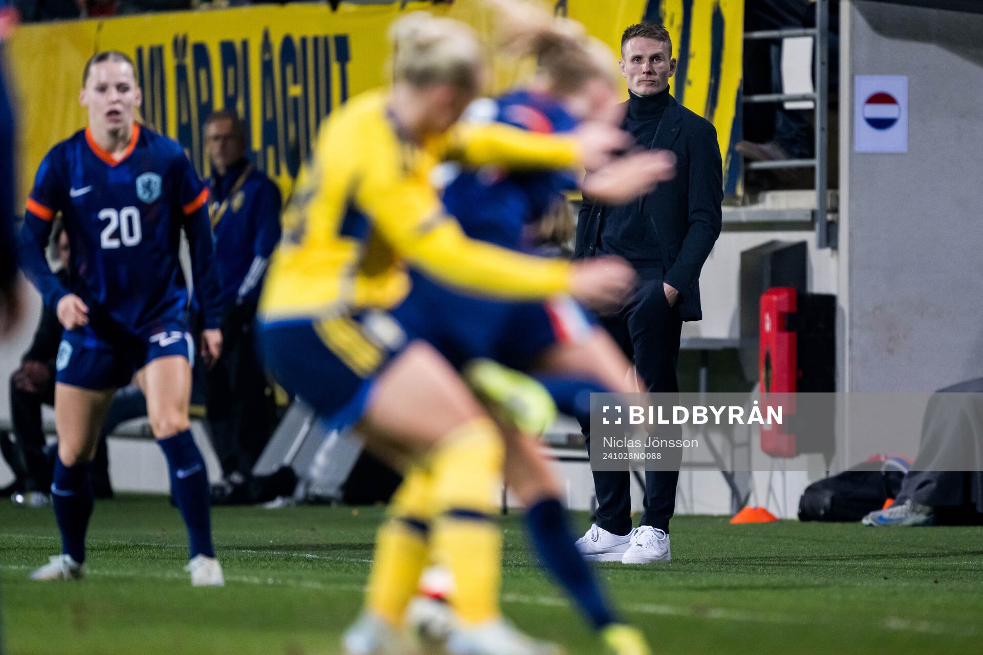 Head Coach Olivier Amelink of Netherlands during the women's under-23 international friendly football match between Sweden and Netherlands on October 28, 2024 in Falkenberg.