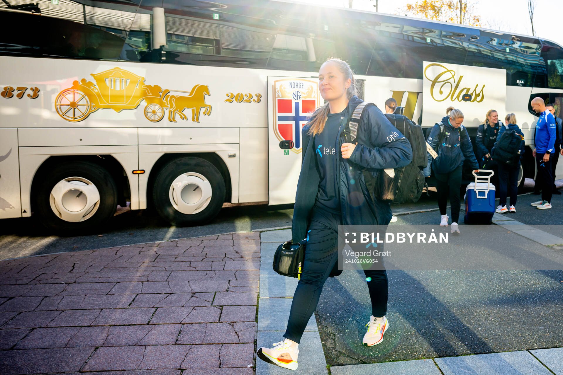 Goalkeeper Aurora Mikalsen of the Norwegian women's national football team arrives ahead of a training session on October 28, 2024 in Oslo. 