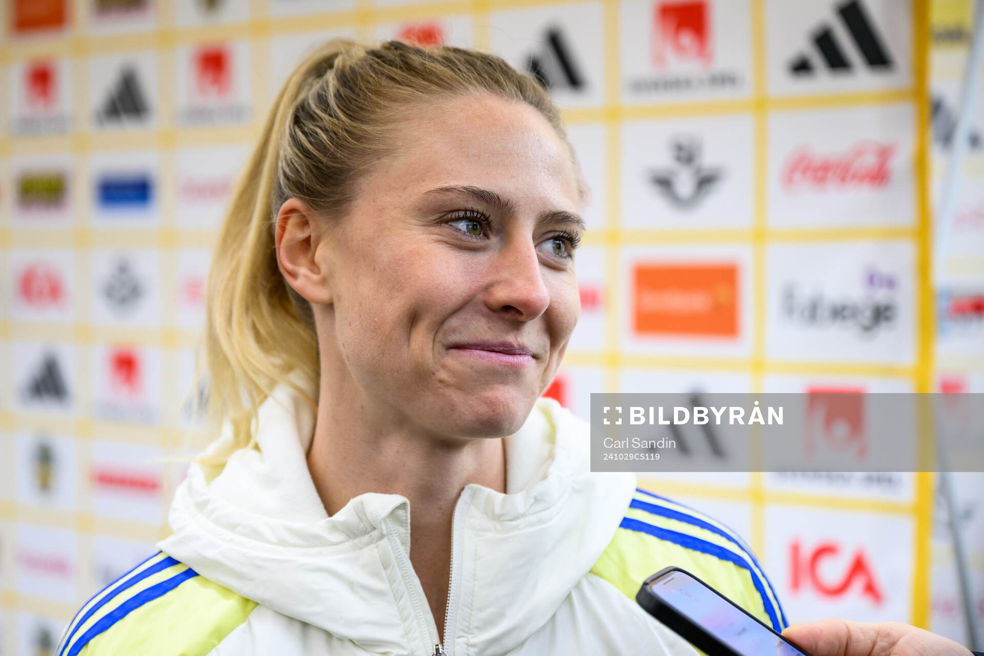 Rebecka Blomqvist of Sweden in the mixed zone after the UEFA Women's Euro Qualifier first round play-off football match between Sweden and Luxembourg on October 29, 2024 in Gothenburg. 