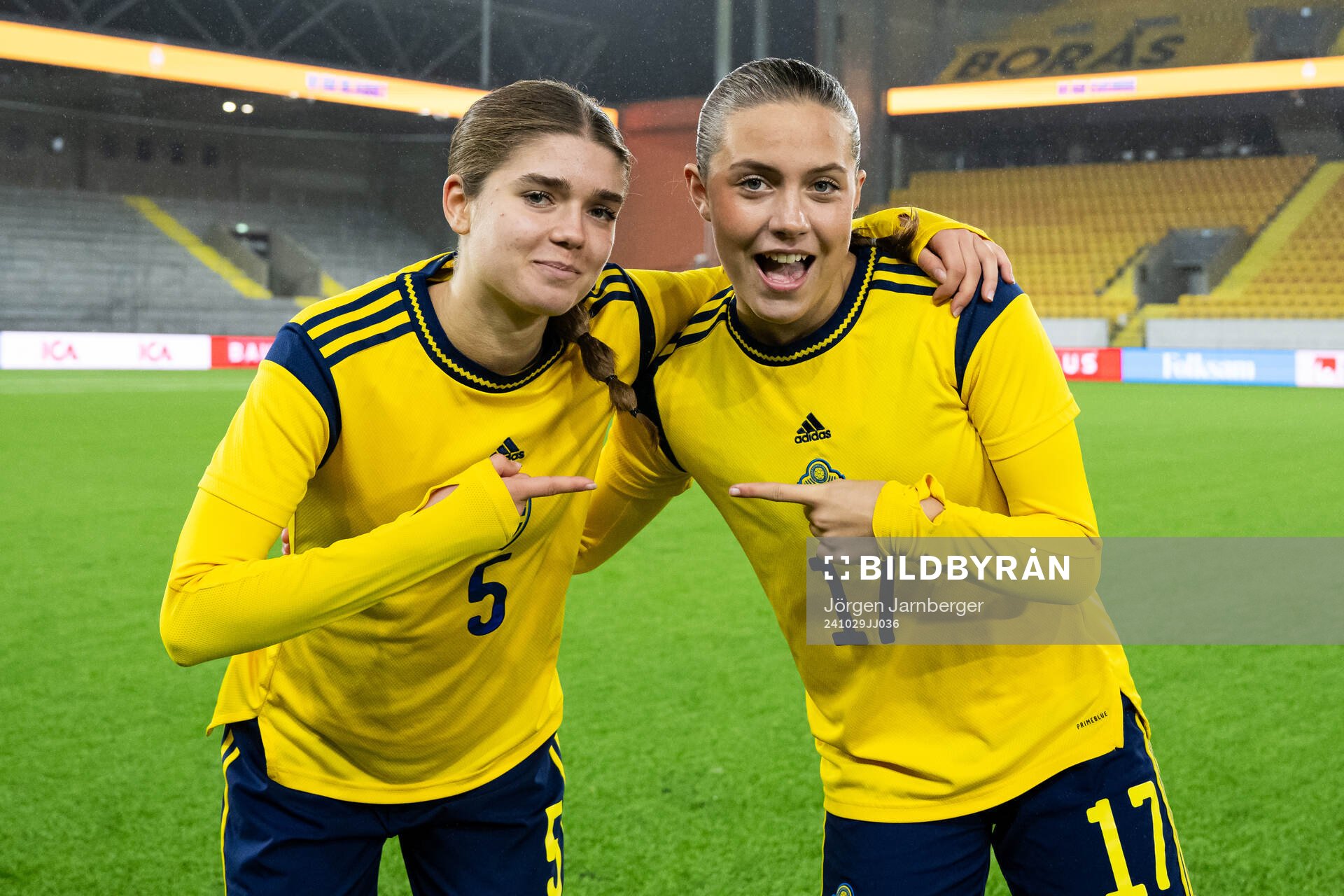 Lilly Hamstein and Klara Ahnberg of Sweden celebrate after the UEFA Women's Under-17 qualifiers between Estonia and Sweden on October 29, 2024 in Borås.