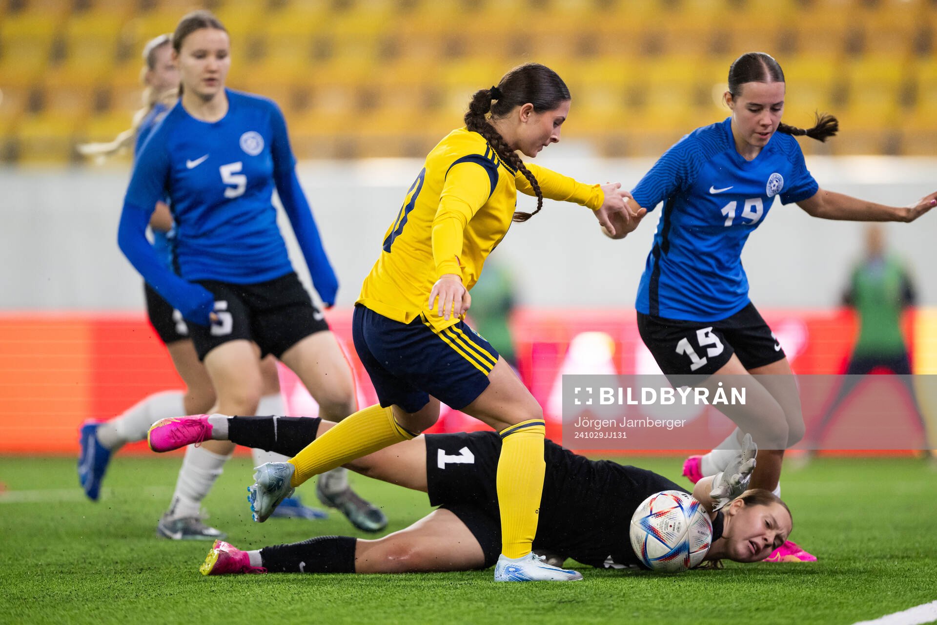Filippa Sjöström of Sweden and goalkeeper Irina