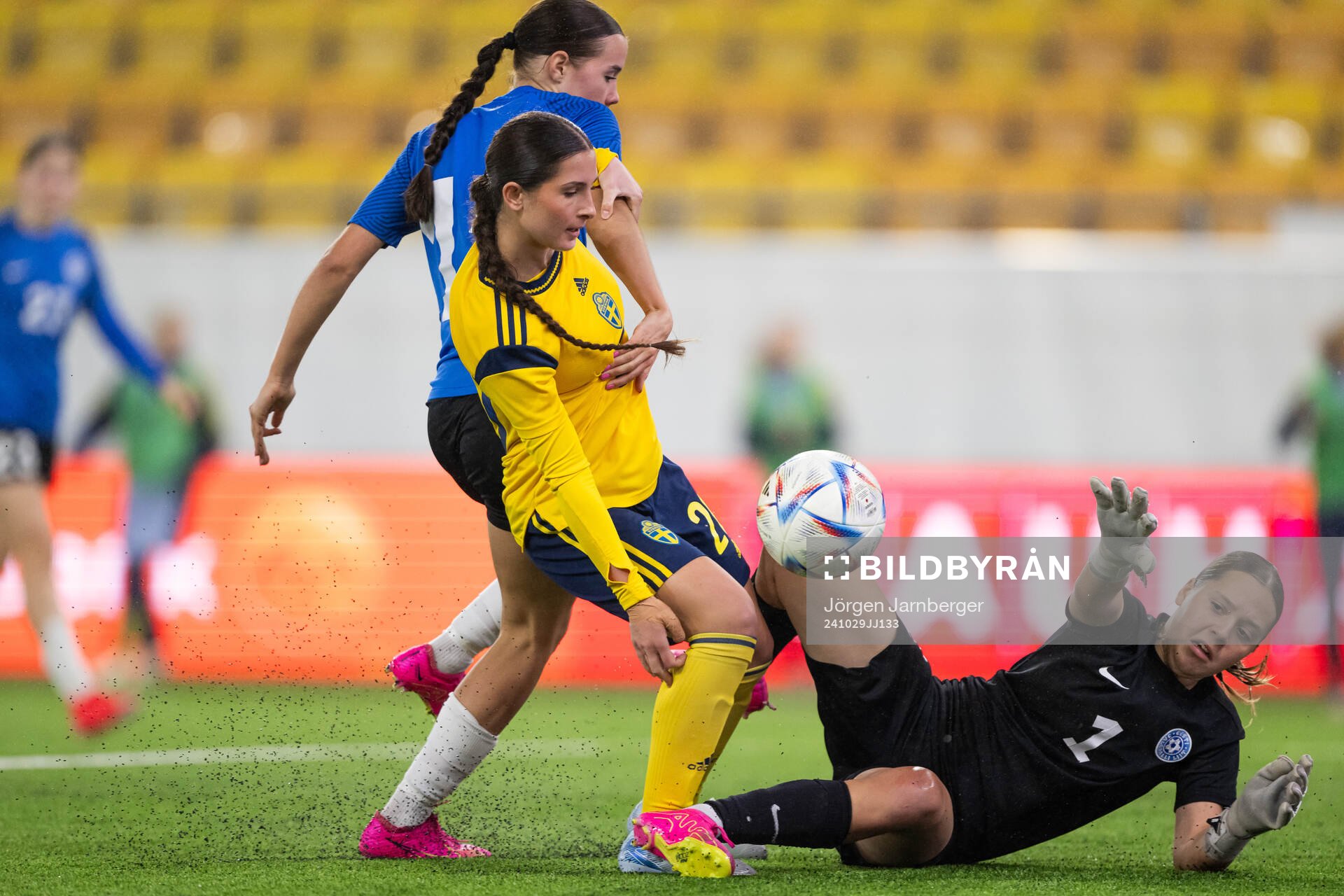 Filippa Sjöström of Sweden and goalkeeper Irina