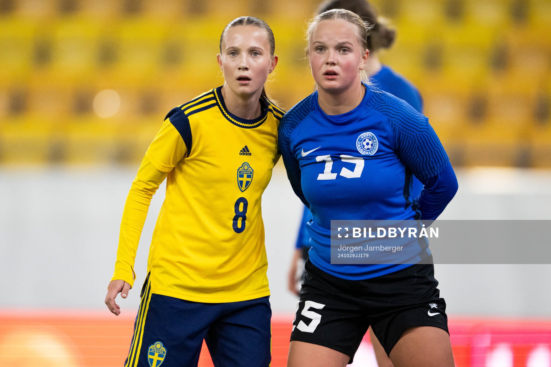 Fanny Peterson of Sweden and Mirell Luik of Estonia during the UEFA Women's Under-17 qualifiers between Estonia and Sweden on October 29, 2024 in Borås.