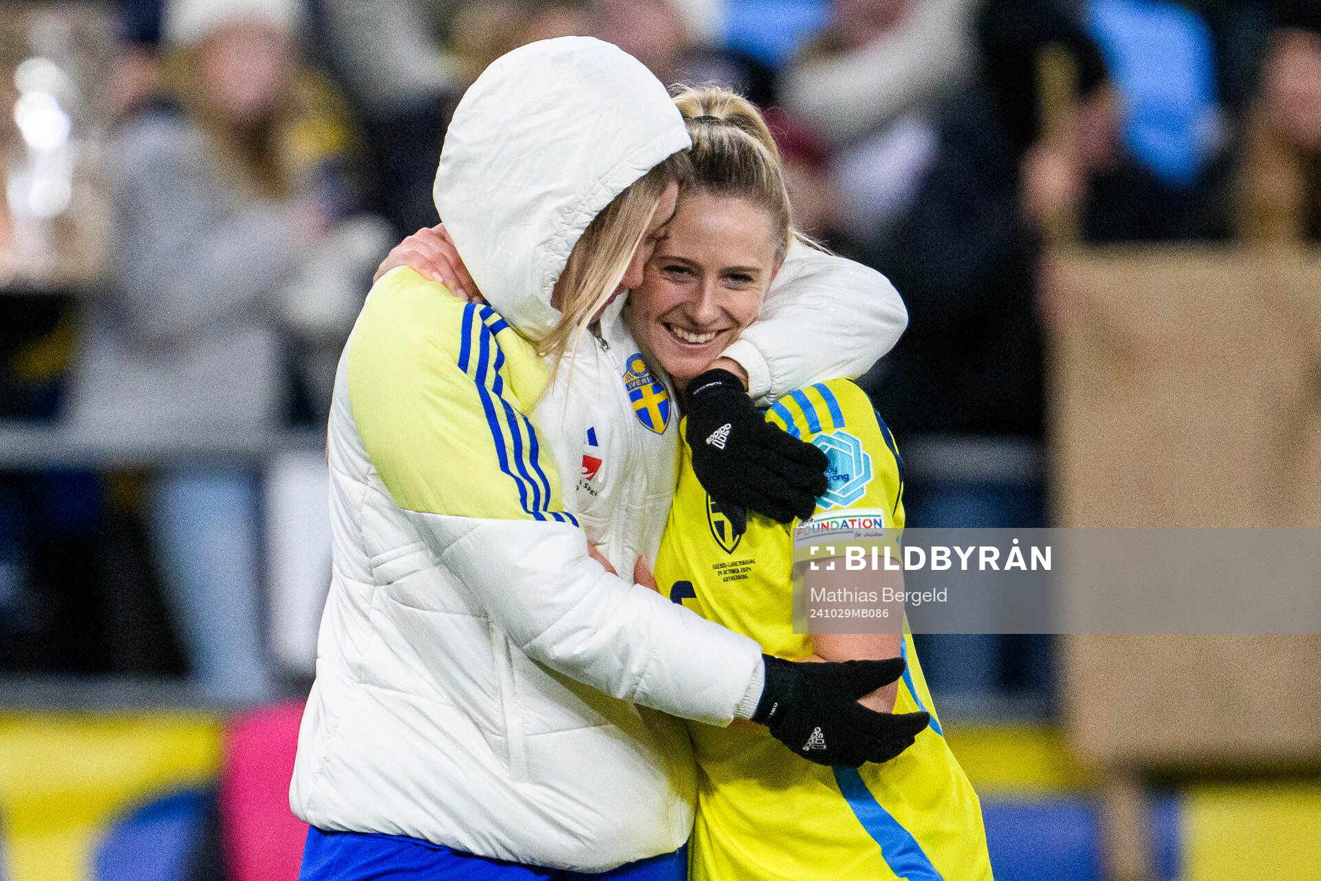 Linda Sembrant and Rebecka Blomqvist of Sweden after the UEFA Women's Euro Qualifier first round play-off football match between Sweden and Luxembourg on October 29, 2024 in Gothenburg.