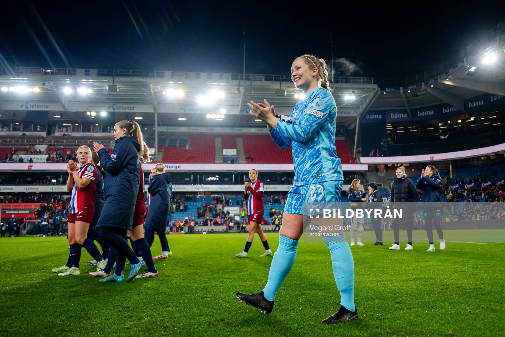 Goalkeeper Aurora Mikalsen of Norway celebrates after the UEFA Women's Euro Qualifier first round play-off football match between Norway and Albania on October 29, 2024 in Oslo. 