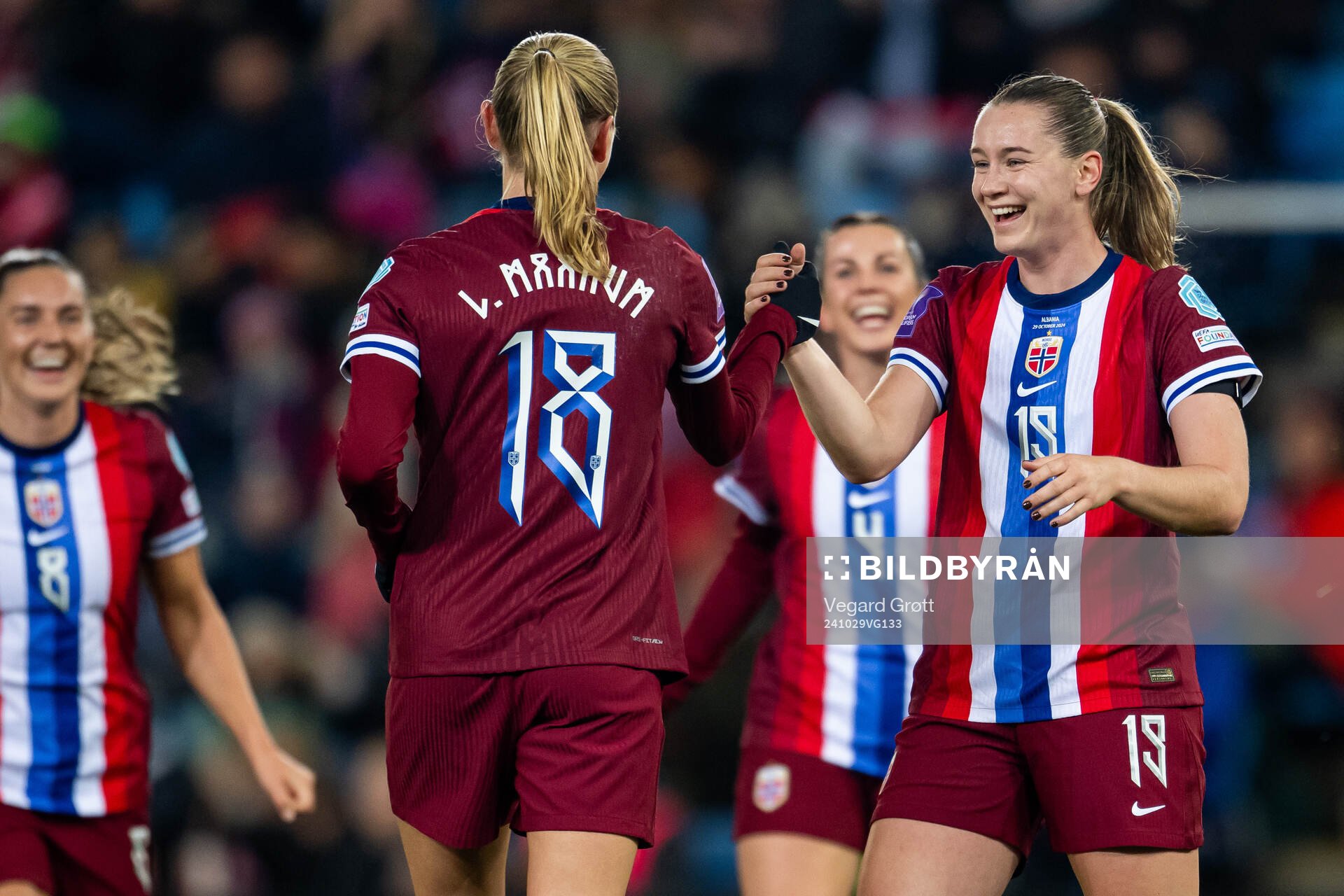 Frida Maanum of Norway celebrates with teammate Elisabeth