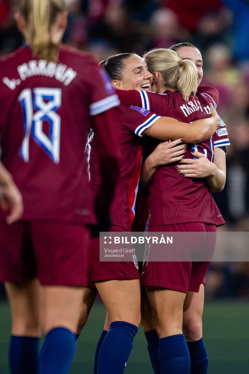 Lisa Naalsund of Norway celebrates with teammates Vilde Bøe Risa and Karina Sævik after scoring 2-0 during the UEFA Women's Euro Qualifier first round play-off football match between Norway and Albania on October 29, 2024 in Oslo.
