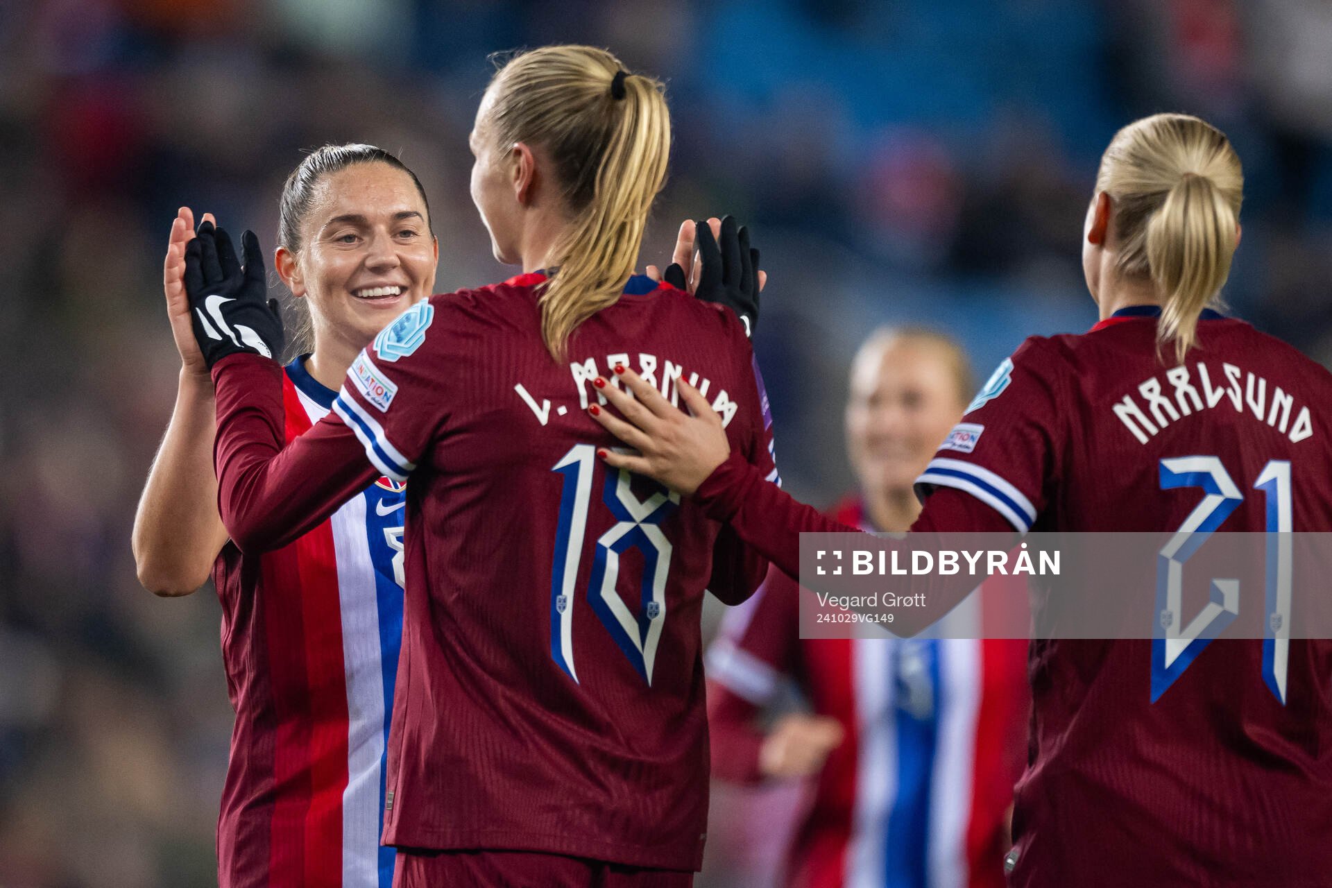 Frida Maanum of Norway celebrates with teammate Vilde Bøe
