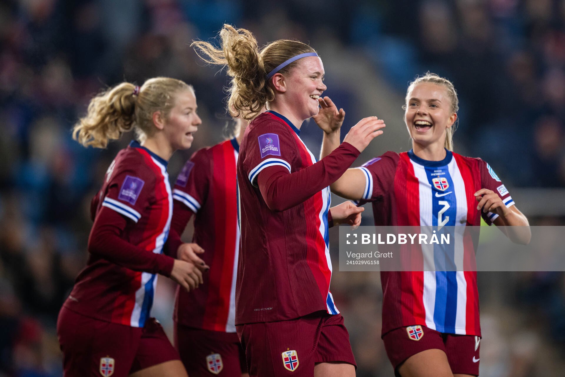 Signe Gaupset of Norway celebrates with teammate Emilie Woldvik after scoring 7-0 during the UEFA Women's Euro Qualifier first round play-off football match between Norway and Albania on October 29, 2024 in Oslo.