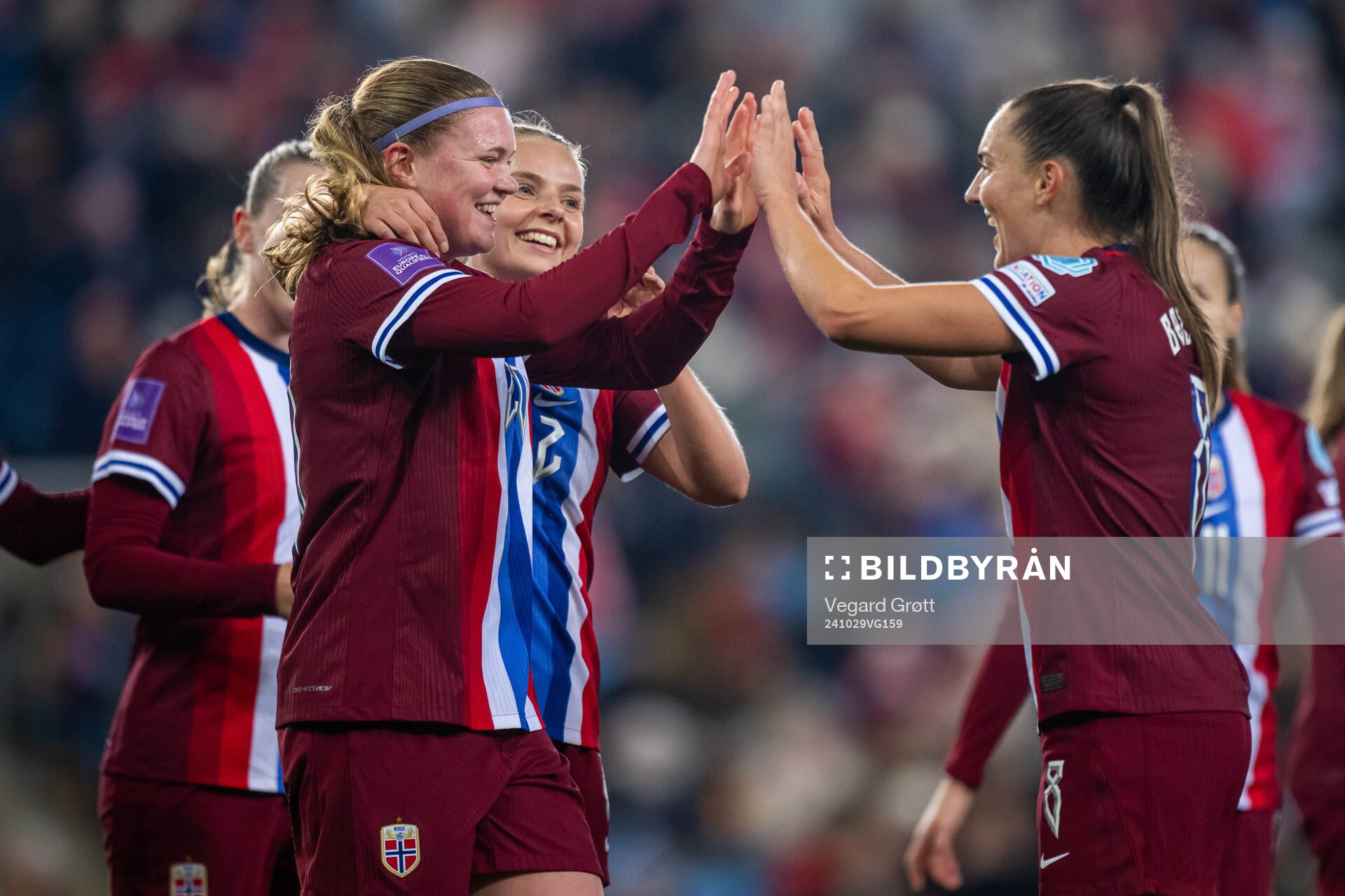 Signe Gaupset of Norway celebrates with teammates Emilie