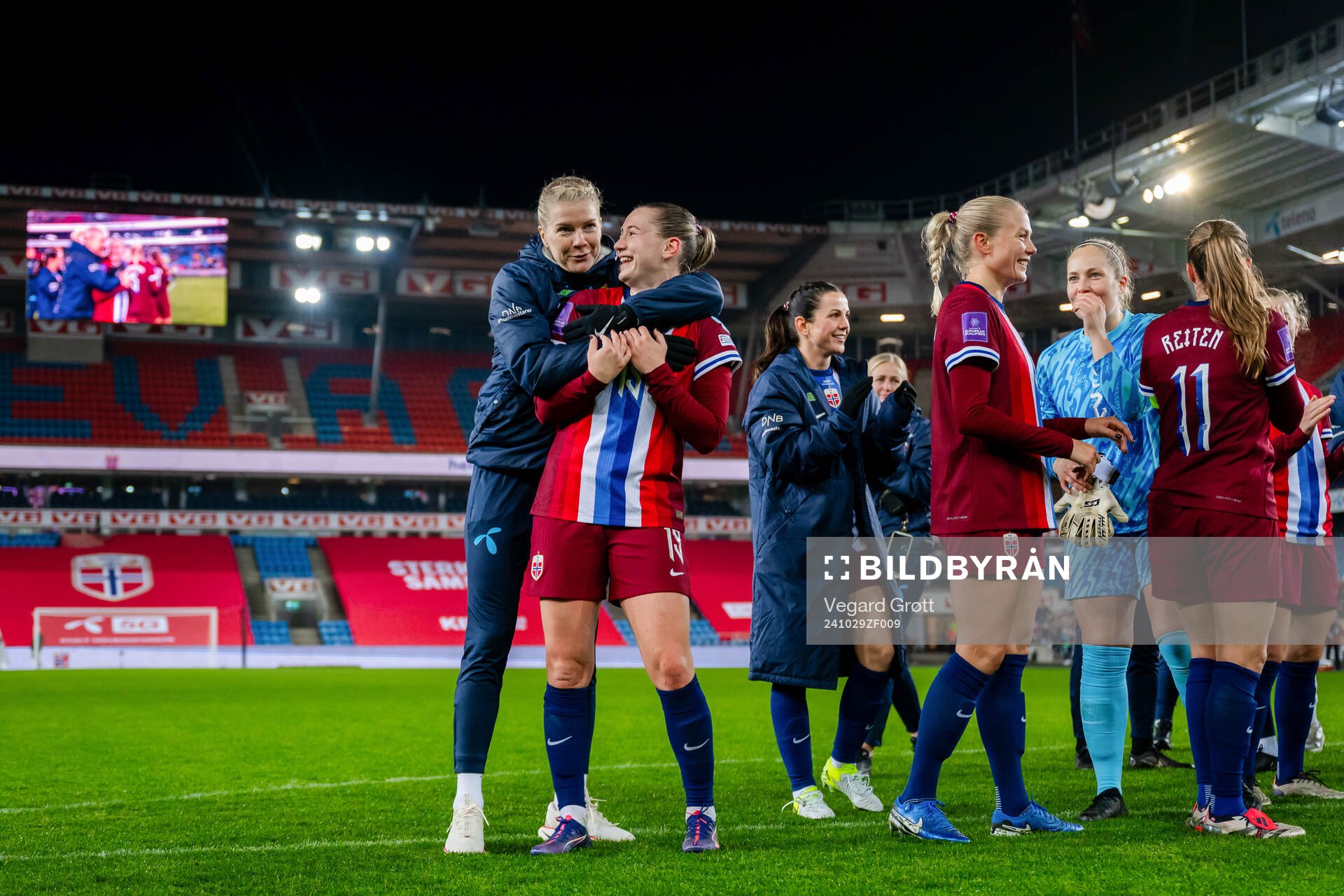 Ada Hegerberg and Elisabeth Terland of Norway celebrate