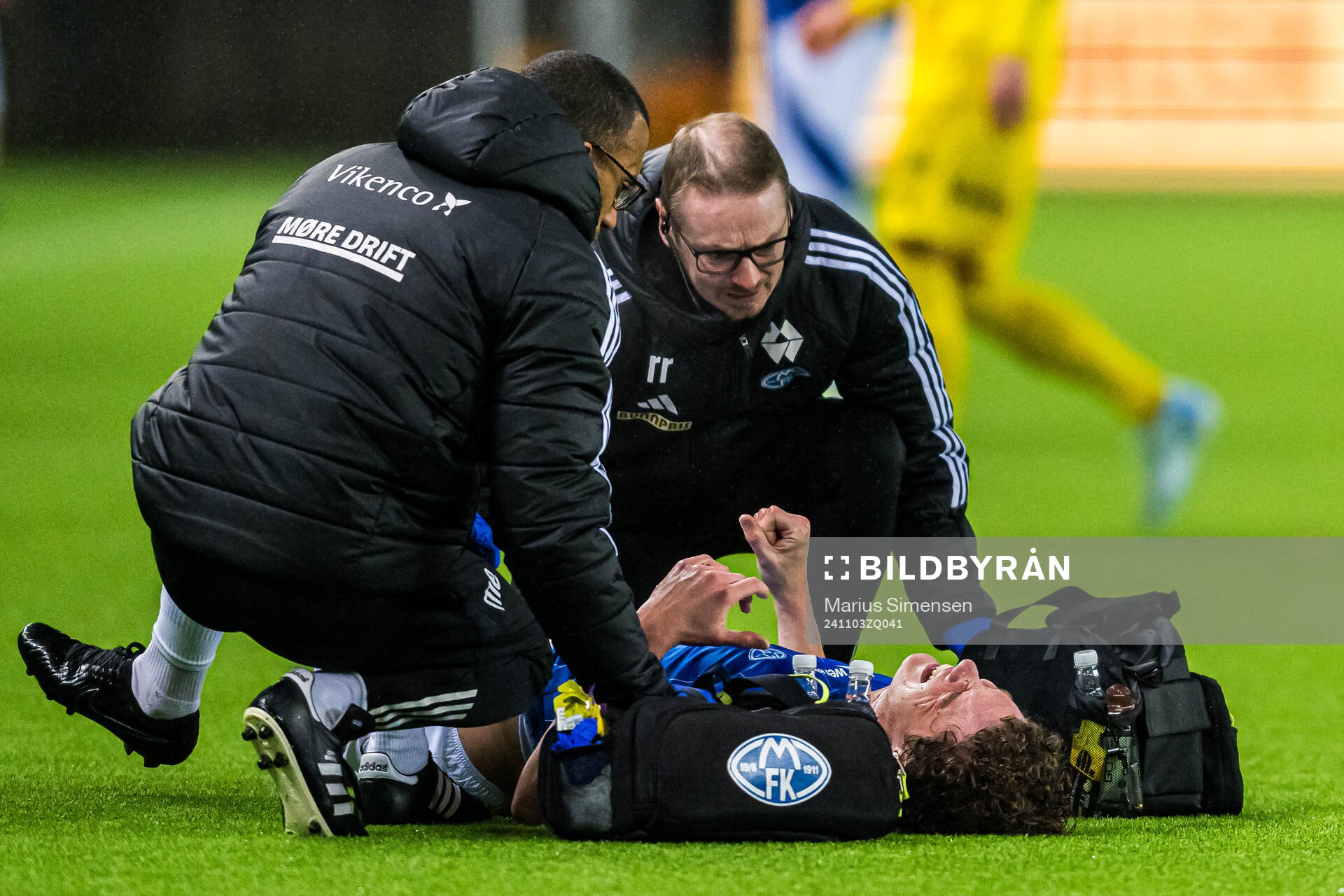 Casper Øyvann of Molde with an injury during the Eliteserien match between Molde and Bodø/Glimt on November 3, 2024 in Molde. 