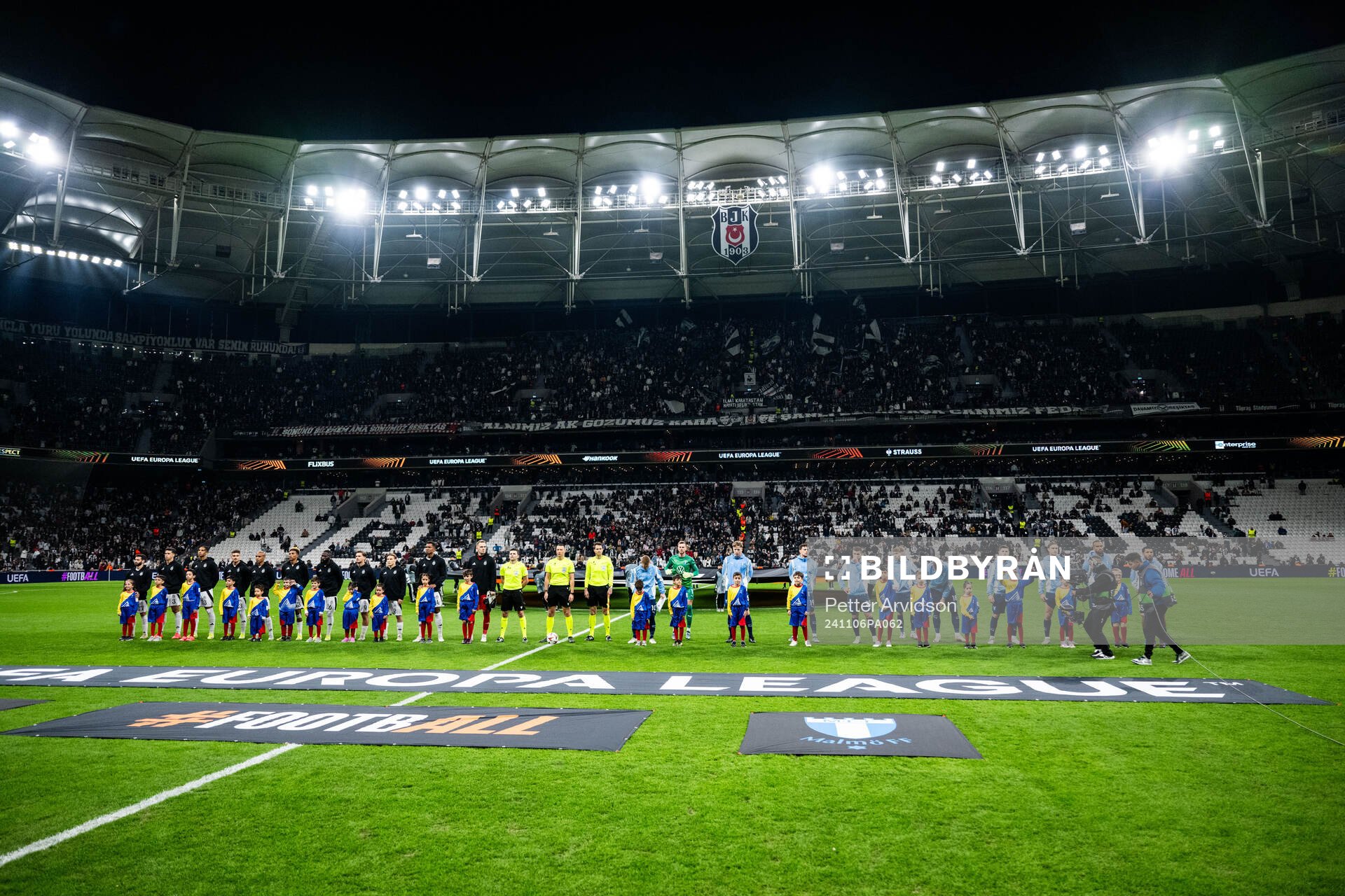 Players of Besiktas and of Malmö FF ahead of the UEFA Europa League football match between Besiktas and Malmö FF on November 6, 2024 in Istanbul.