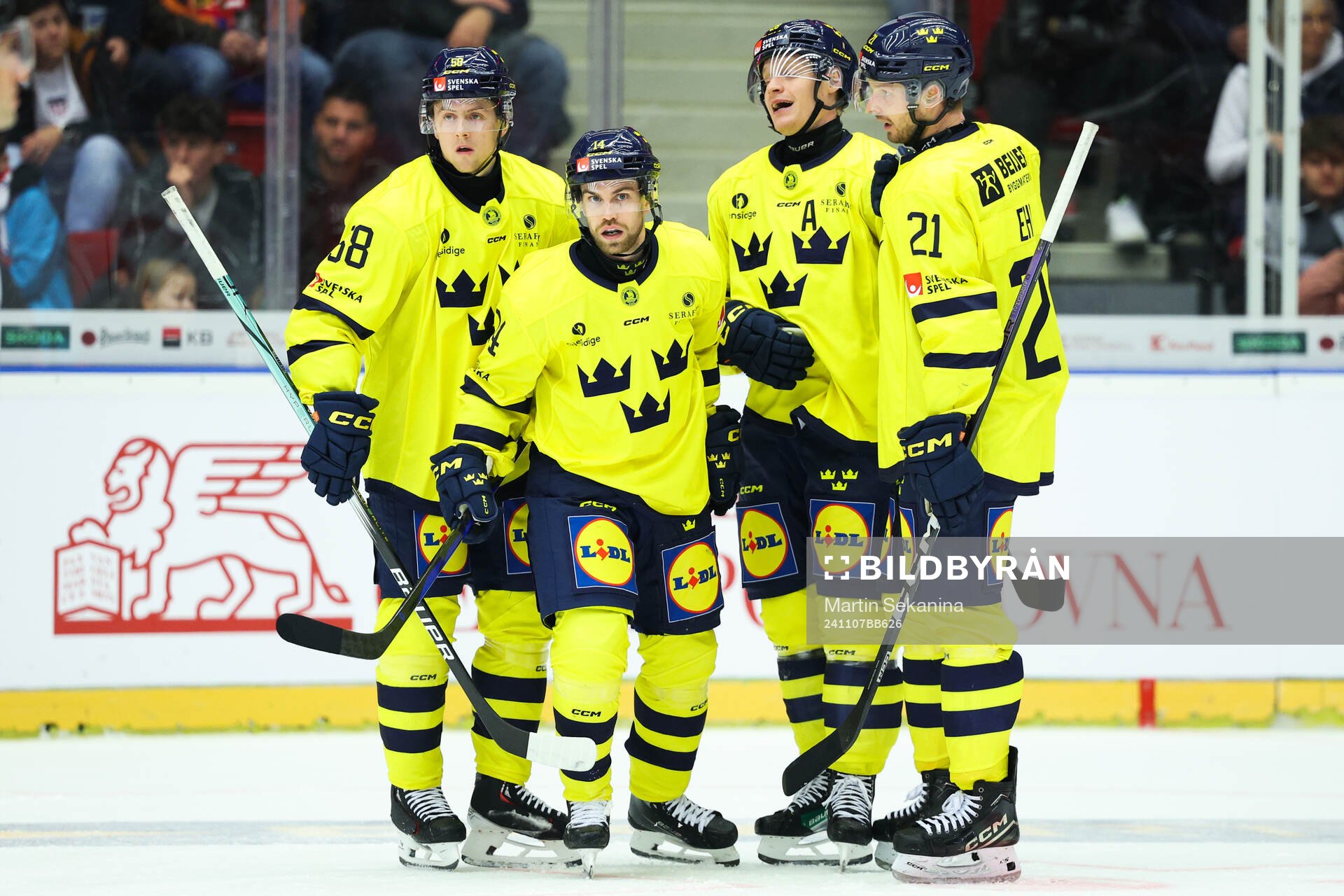 Oskar Lang of Sweden celebrates with Jesper Sellgren, Anton