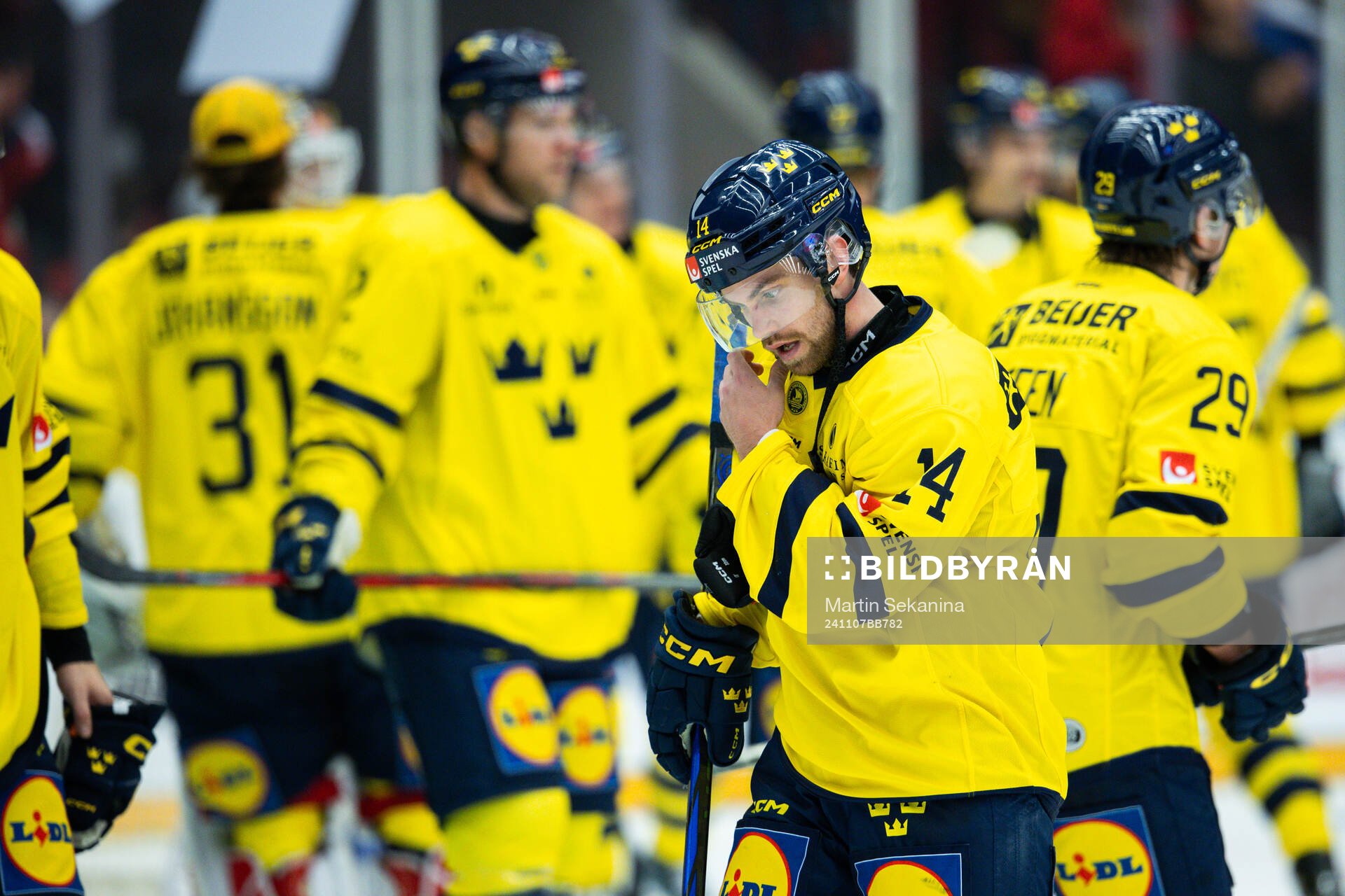 Oskar Lang of Sweden looks dejected