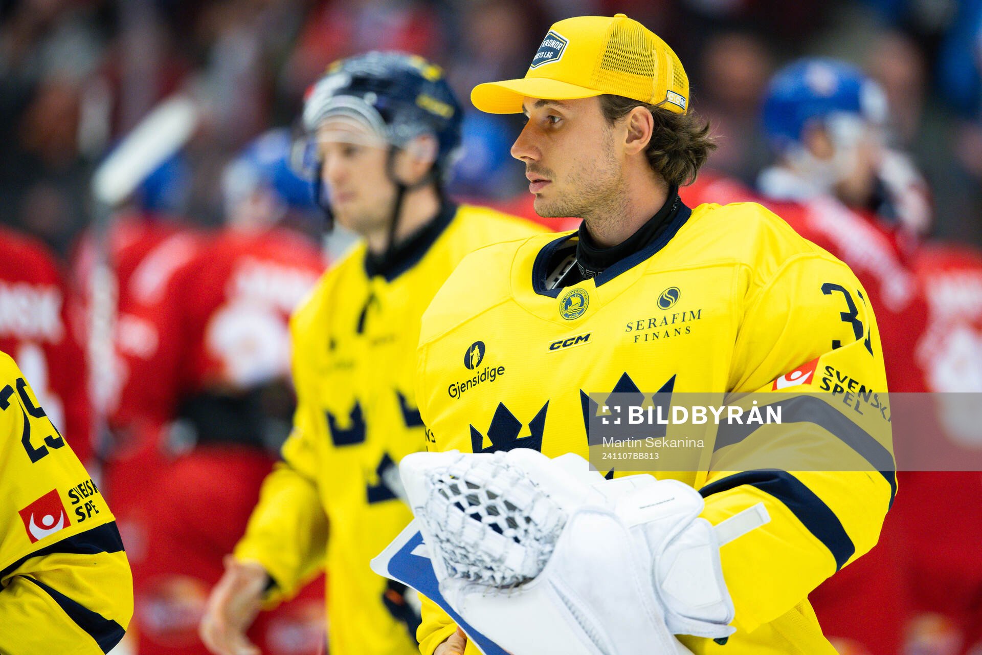 Goaltender Jacob Johansson of Sweden looks dejected