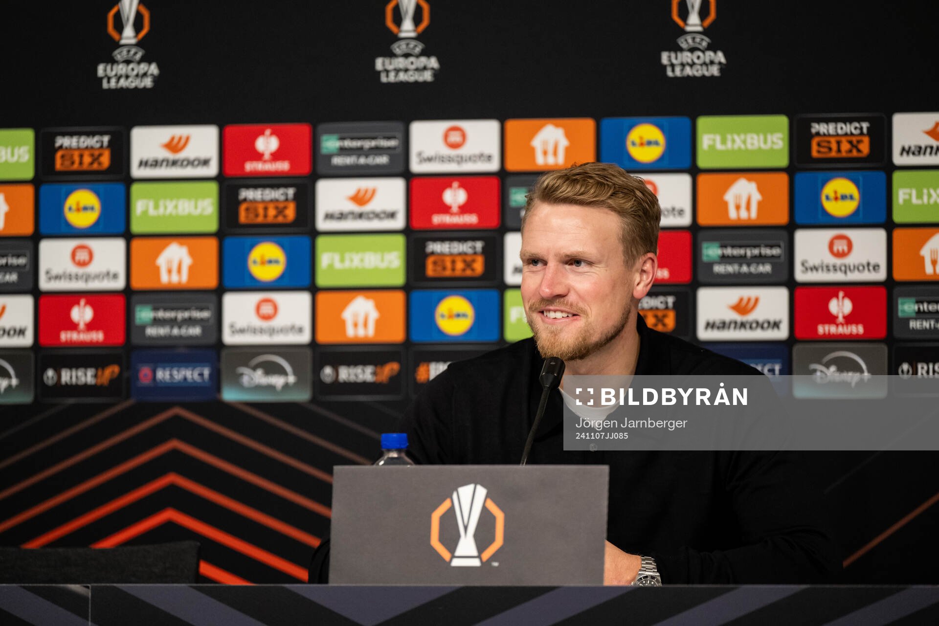 Head coach Oscar Hiljemark of Elfsborg during the press conference after the Europa League match between Elfsborg and Braga on November 7, 2024 in Borås.